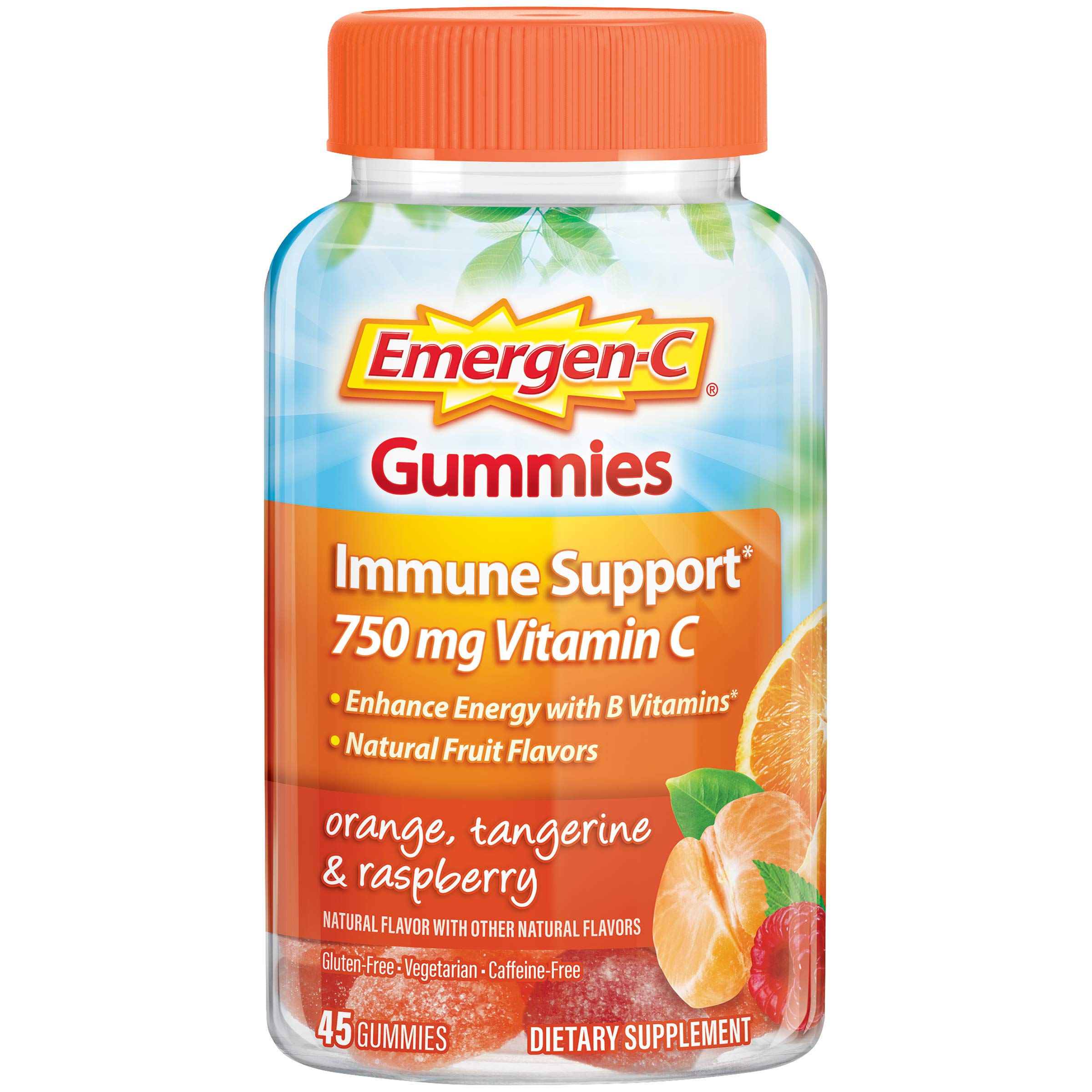 Emergen-C 750mg Vitamin C Gummies for Adults, Immunity Gummies with B Vitamins, Gluten Free, Orange, Tangerine and Raspberry Flavors - 45 Count