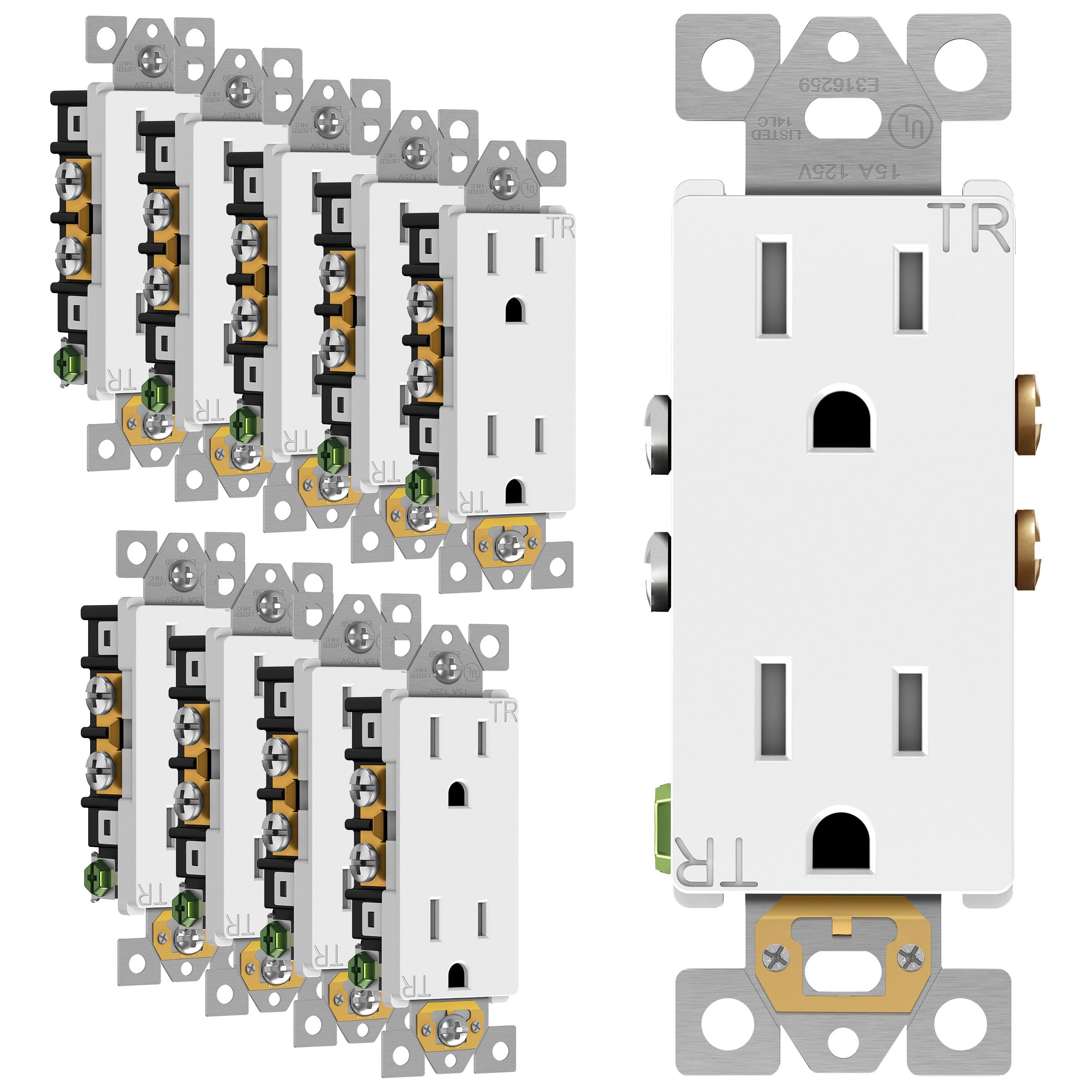 ENERLITES Decorator Wall Receptacle Outlet, Tamper-Resistant Standard Electrical Wall Outlet, Residential Grade, 3-Wire, Self-Grounding, 2-Pole, 15A 125V, UL Listed, 61501-TR-W-10PCS, White (10 Pack)