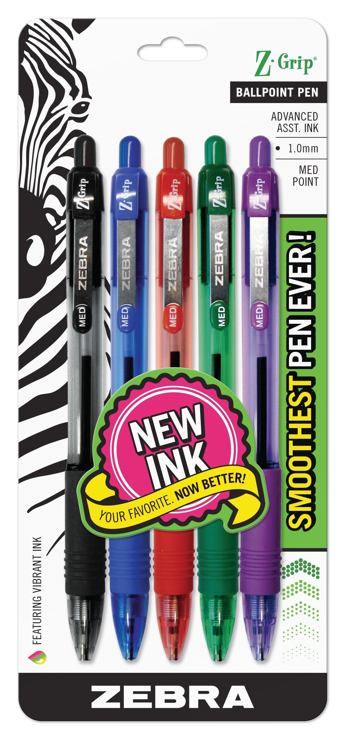 Zebra Pen Z-Grip Retractable Ballpoint Pen, Medium Point, 1.0mm, Assorted Colors - 5 Pieces