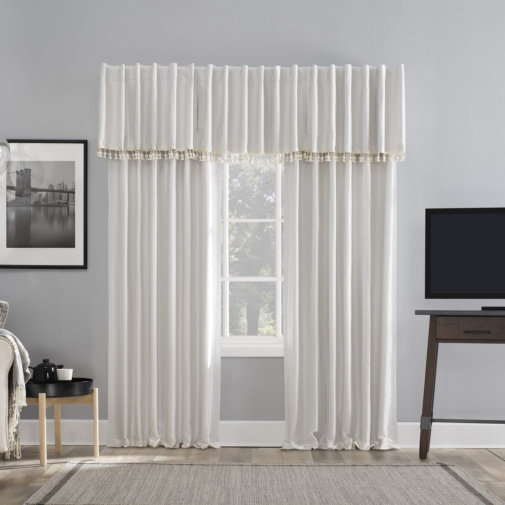 Sun Zero Greyson Faux Dupioni Silk Thermal Extreme Total Blackout Back Tab Curtain Panel, 50" x 108", Pearl White