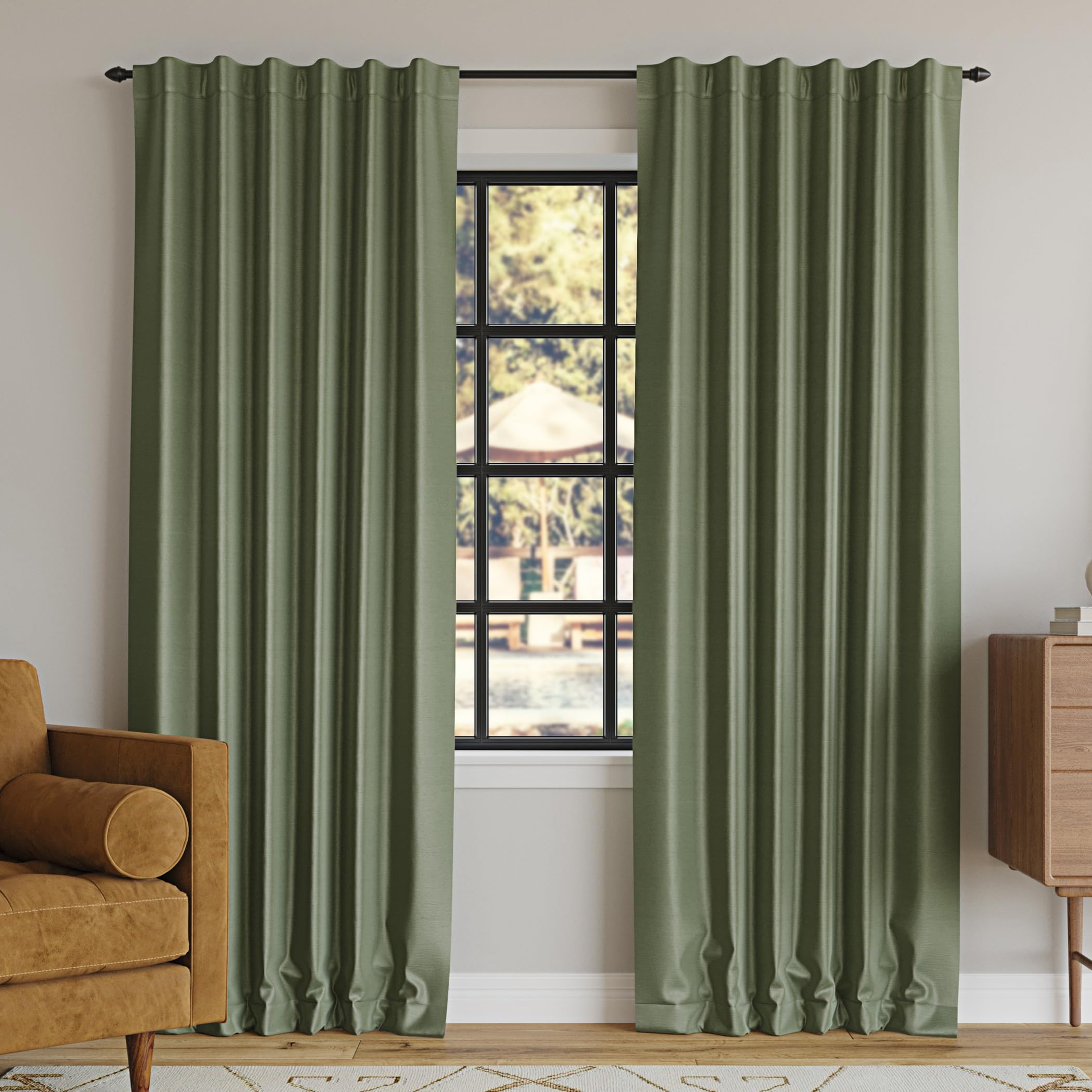 Sun Zero Greyson Faux Dupioni Silk Thermal Extreme Total Blackout Back Tab Curtain Panel, 50" x 95", Moss Green