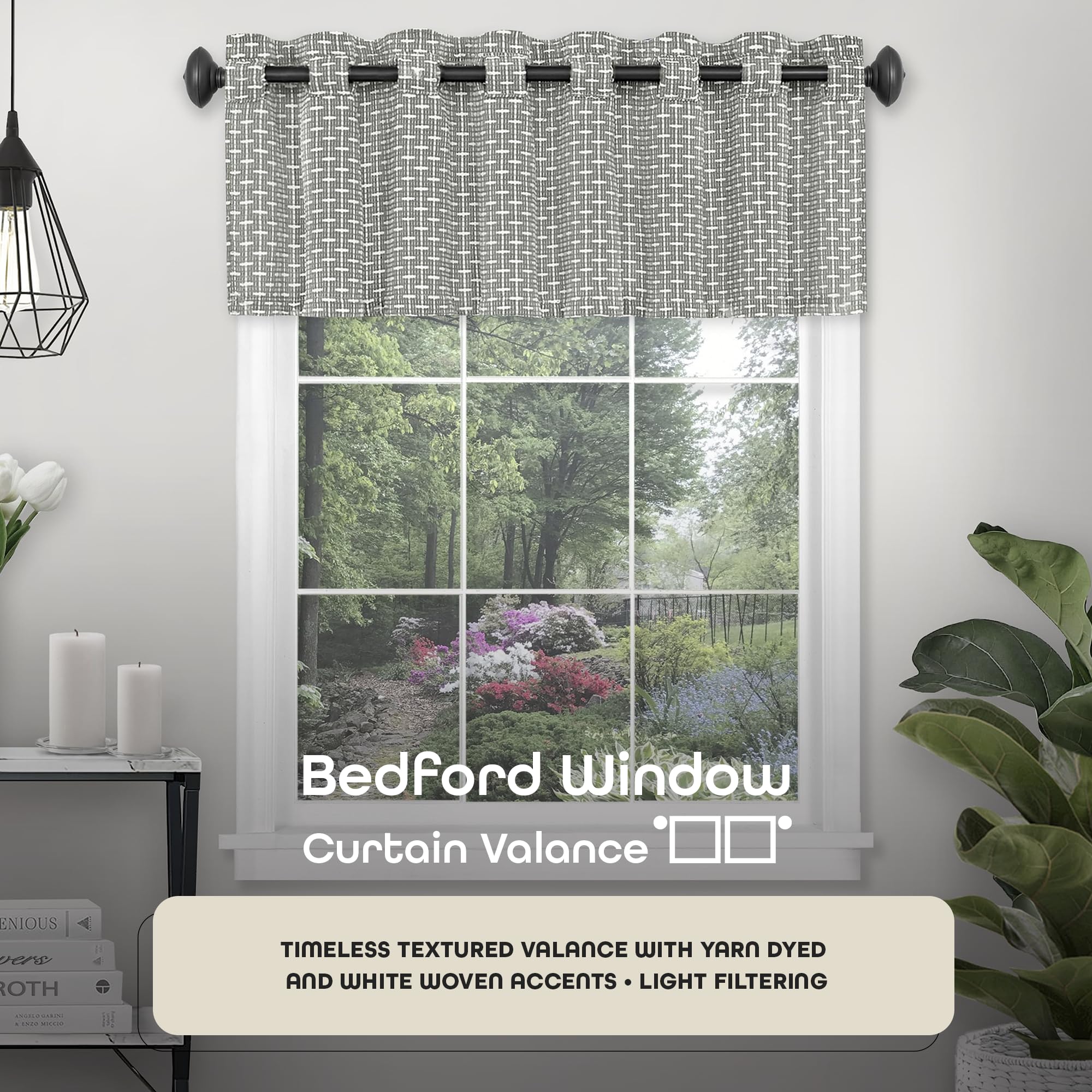 Achim Bedford Valance Window Curtains - 58 Inch Width, 13 Inch Length - Grey - Light Filtering Fabric & Machine Washable Drapes, Yarn Dyed Woven Accents for Bedroom Living & Dining Room Home Decor