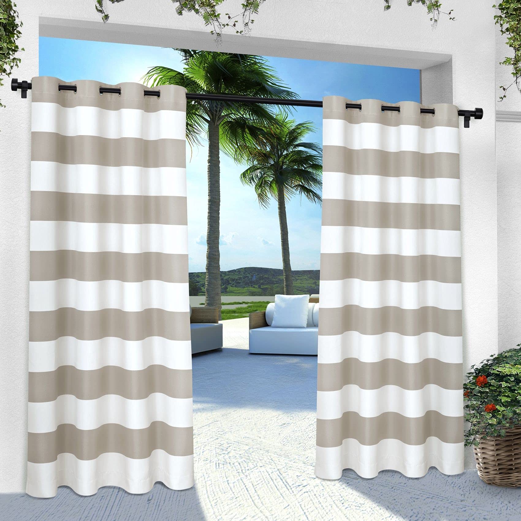 Exclusive Home Cabana Stripe Indoor/Outdoor Light Filtering Grommet Top Curtain Panel, 54"x96", Cloud Grey, Set of 2