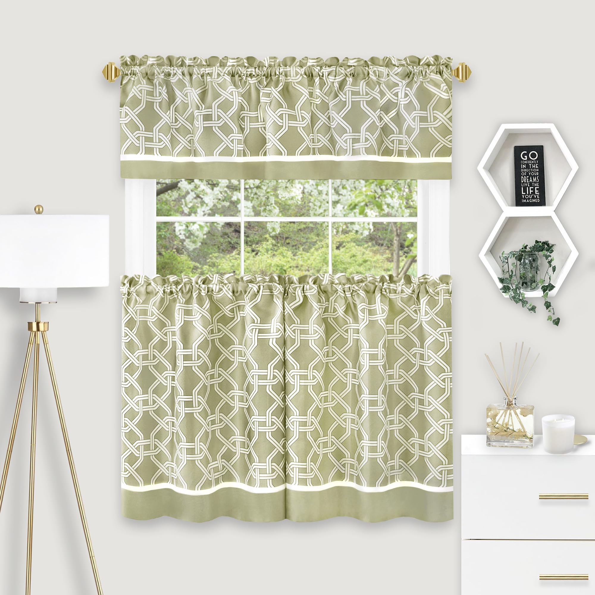 Light Filtering Printed Tier & Valance Window Curtain Set - 58 x 36/58 x 13 - Arlington (Green) - Machine Washable Polyester Drape for Kitchen, Living, & Dining Room by Achim Home Décor