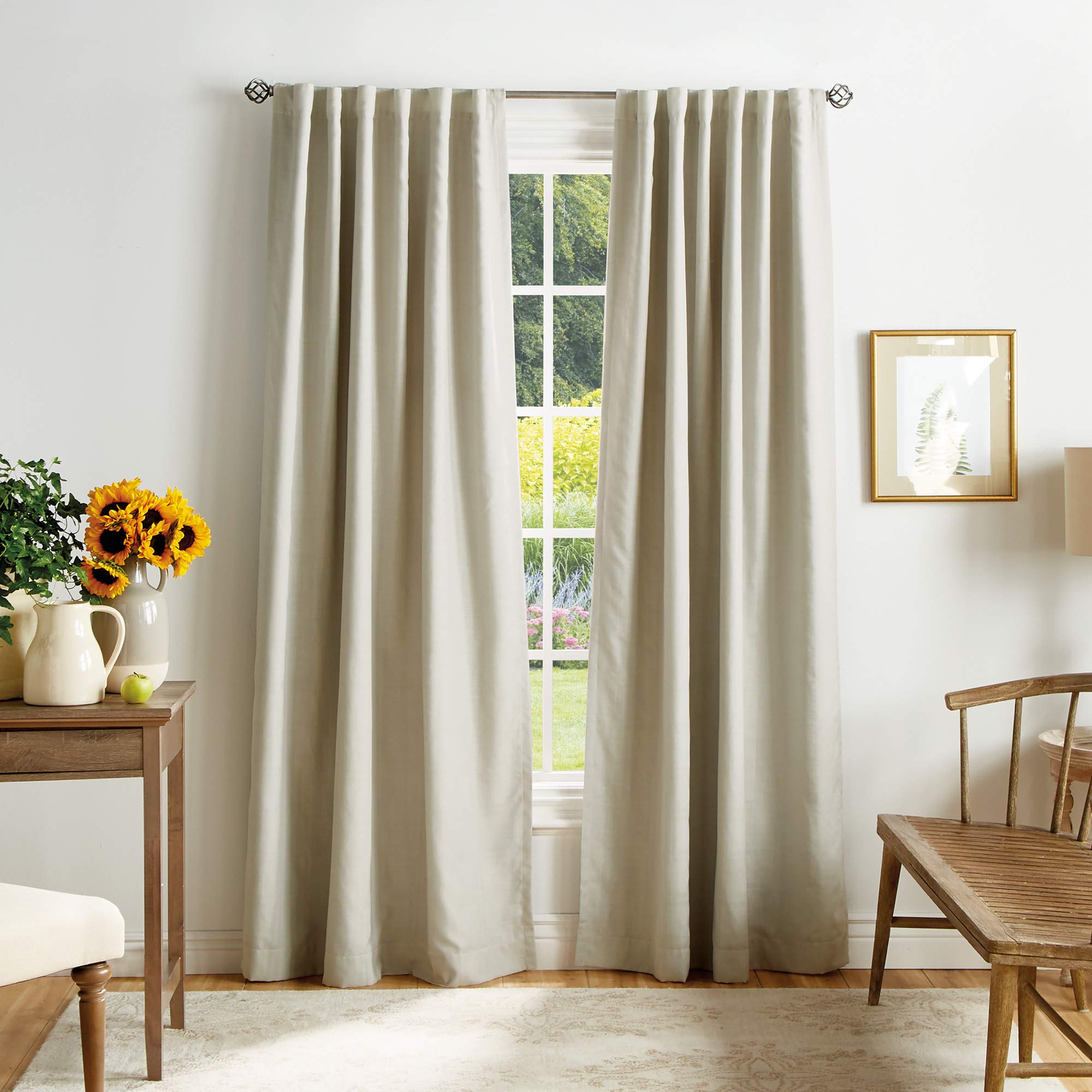 MARTHA STEWART Bedford Woven Plaid Blackout Back Tab Window Curtain Panel Pair, 95", Linen