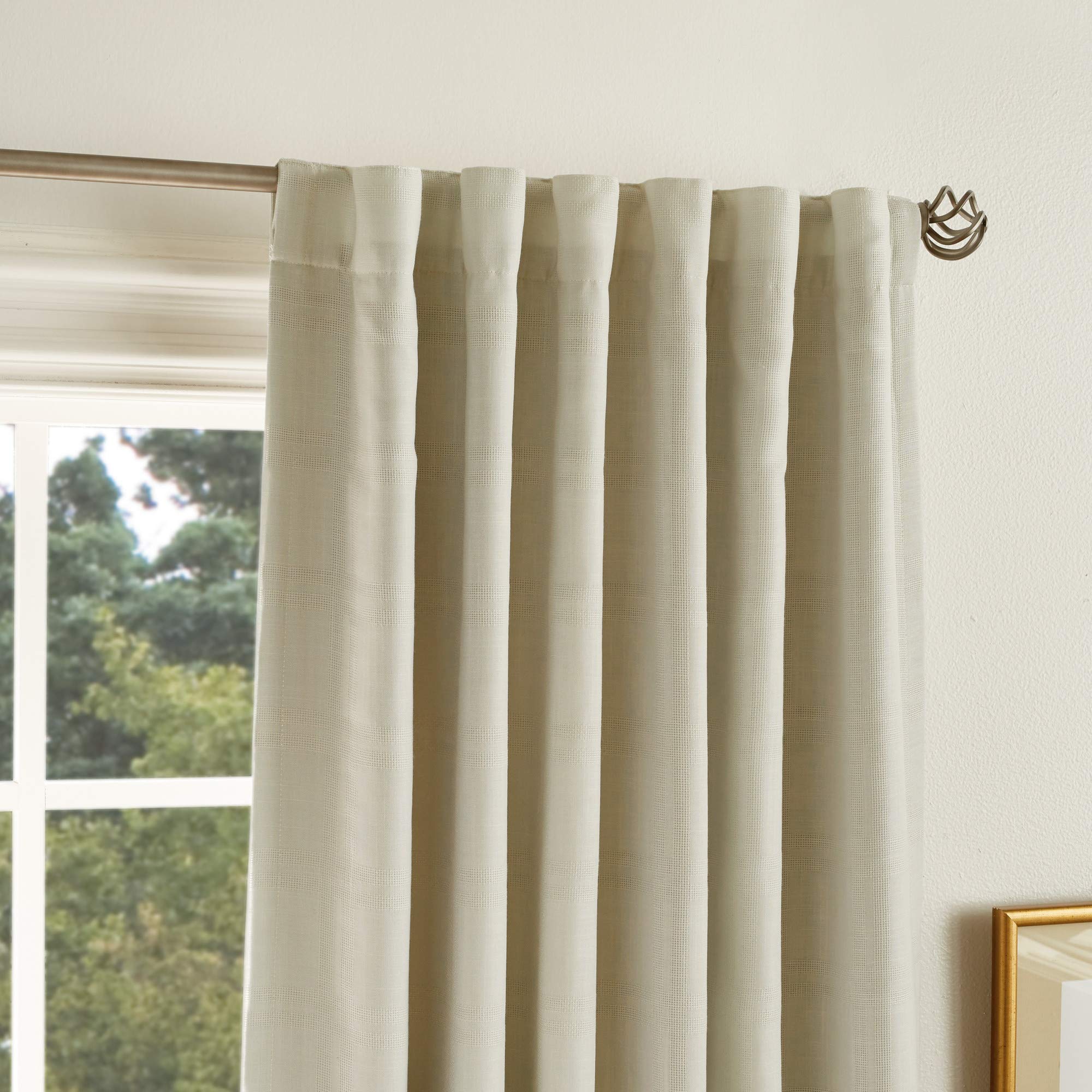 MARTHA STEWART Bedford Woven Plaid Blackout Back Tab Window Curtain Panel Pair, 95", Linen