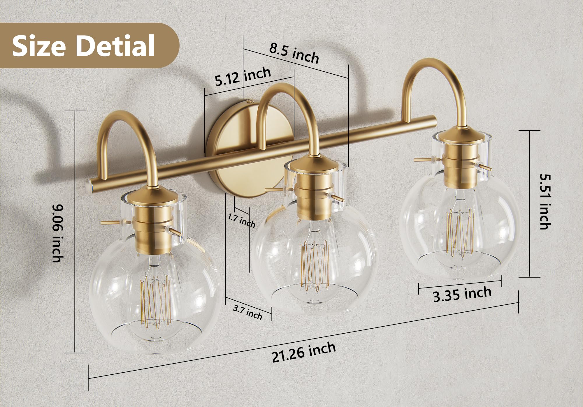 PRIMEPLUS Gold Vanity Light, 3 Light Bathroom Light Fixtures 21 inch, Modern Bathroom Vanity Lights Fixtures Over Mirror with Clear Globe Glass Shade, Gold Wall Sconces for Bathroom Hallway, E26 Base