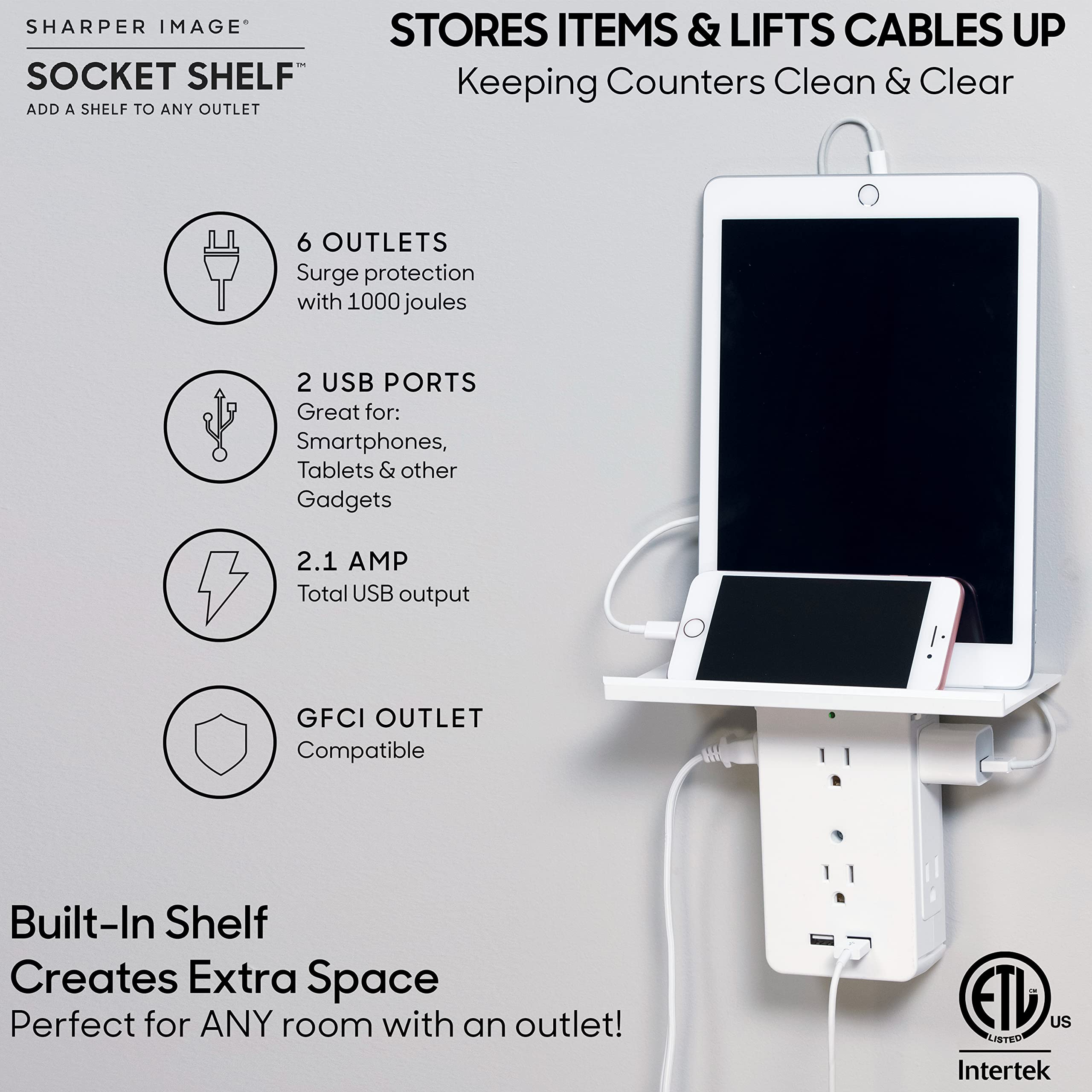 Socket Shelf by Sharper Image- 8 Port Surge Protector Wall Outlet, 6 Electrical Outlet Extenders, 2 USB Charging Ports & Removable Built-in Shelf ETL Listed