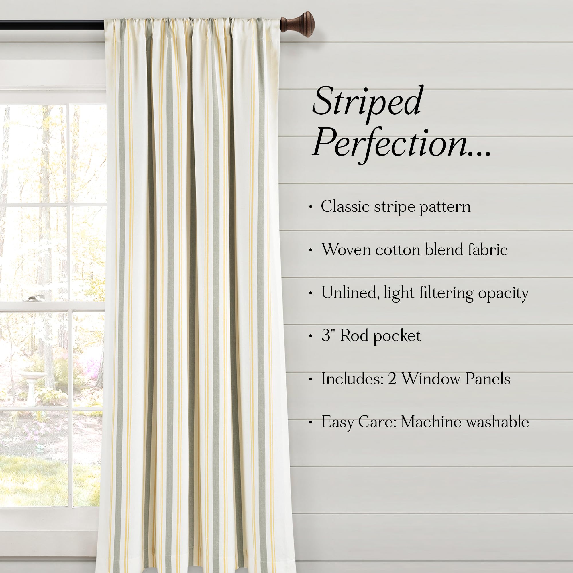 Lush Decor Farmhouse Stripe Yarn Dyed Eco-Friendly Recycled Cotton Window Curtain Panel Pair, 42" W x 95" L, Yellow & Gray - Classic Modern Rustic Charm - Eco Friendly Cotton Fabric