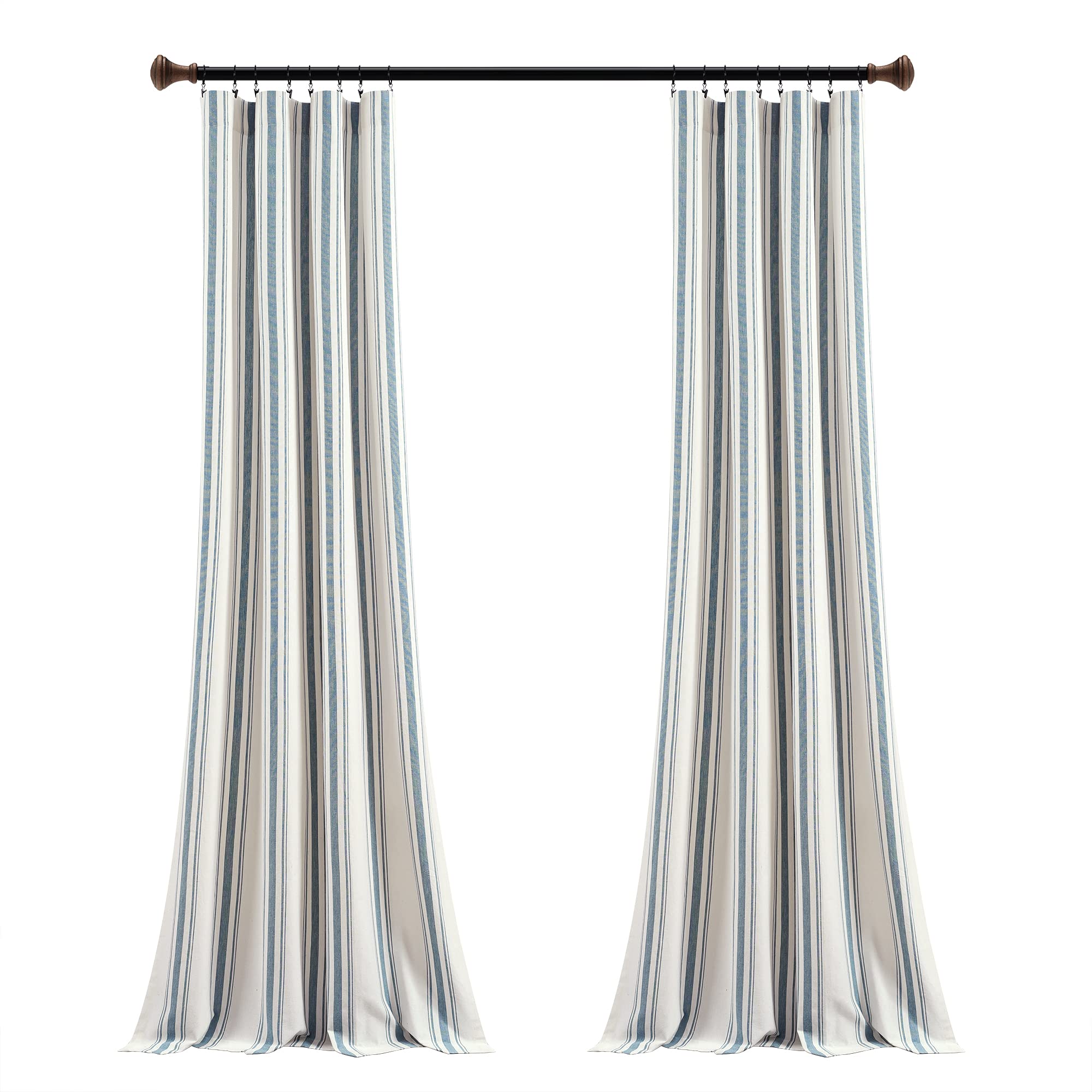 Lush Decor Farmhouse Stripe Yarn Dyed Eco-Friendly Recycled Cotton Window Curtain Panel Pair, 42" W x 95" L, Blue - Classic Modern Rustic Charm - Eco Friendly Cotton Fabric