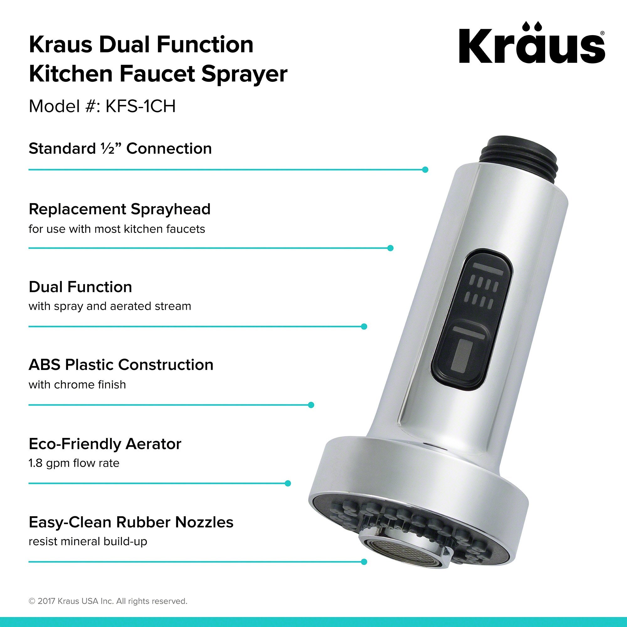 Kraus KFS-1CH Dual Function Kitchen Faucet Sprayer, Chrome, 2.2" x 4"