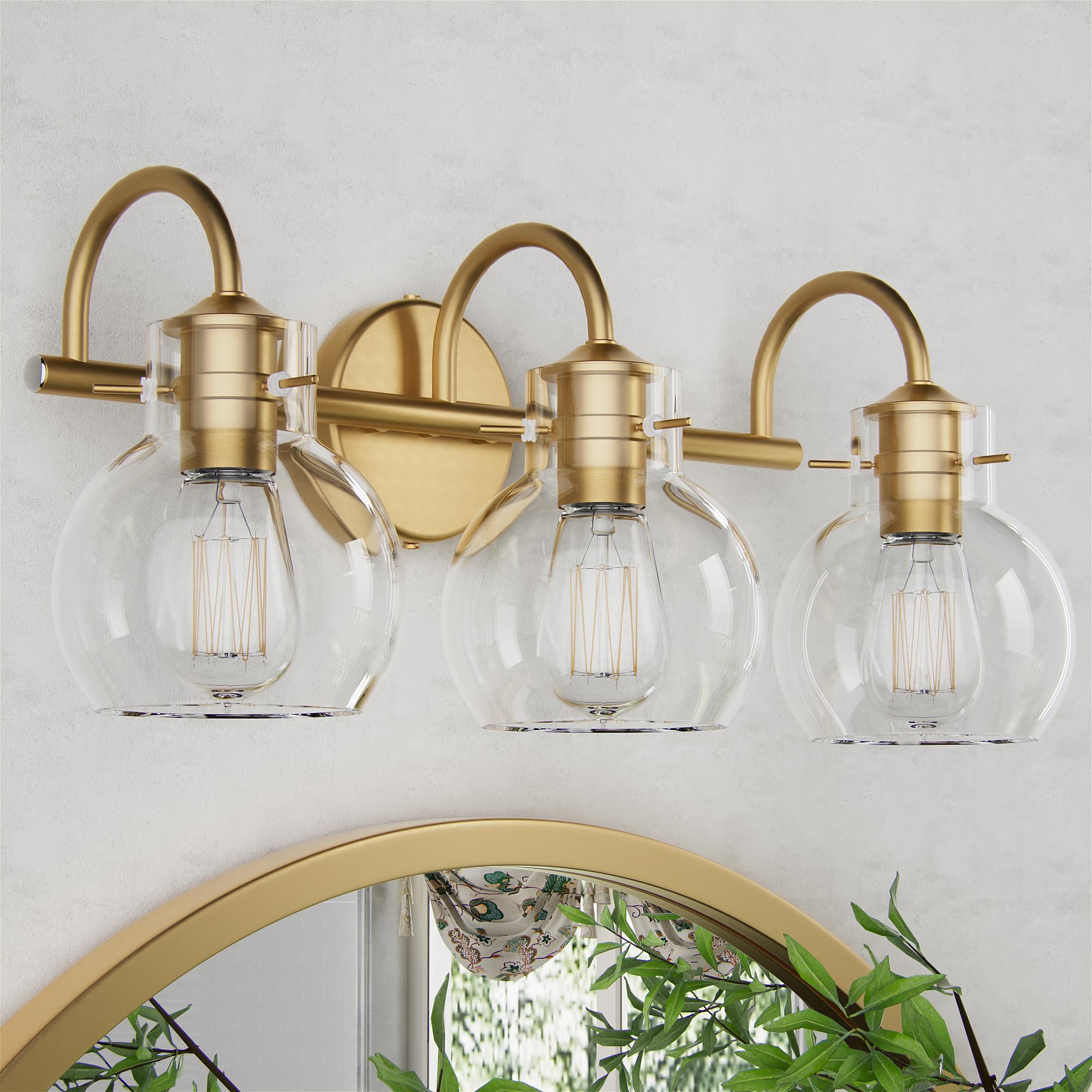 PRIMEPLUS Gold Vanity Light, 3 Light Bathroom Light Fixtures 21 inch, Modern Bathroom Vanity Lights Fixtures Over Mirror with Clear Globe Glass Shade, Gold Wall Sconces for Bathroom Hallway, E26 Base