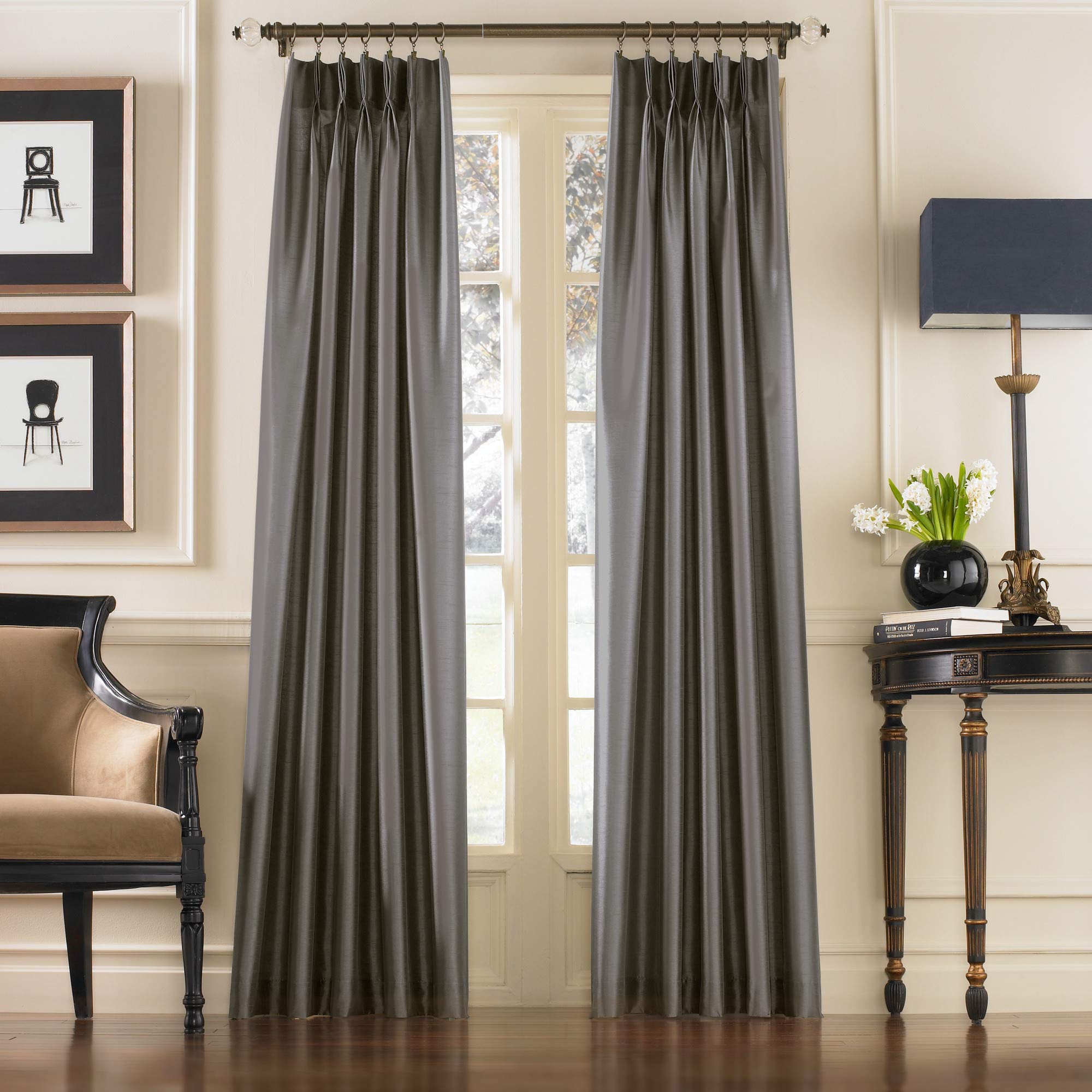 Curtainworks Marquee Faux Silk Pinch Pleat Curtain Panel, 30 by 84", Pewter,1Q80000GPT