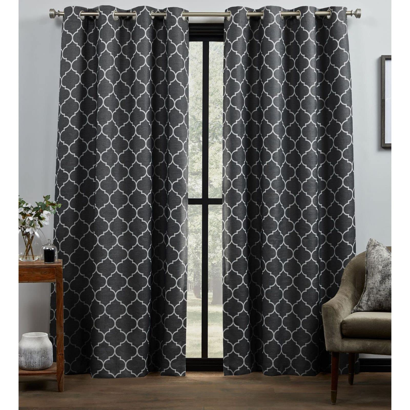 Exclusive Home Curtains Bensen Trellis 100% Blackout Grommet Top Curtain Panel Pair, 52"x96", Black White, Set of 2