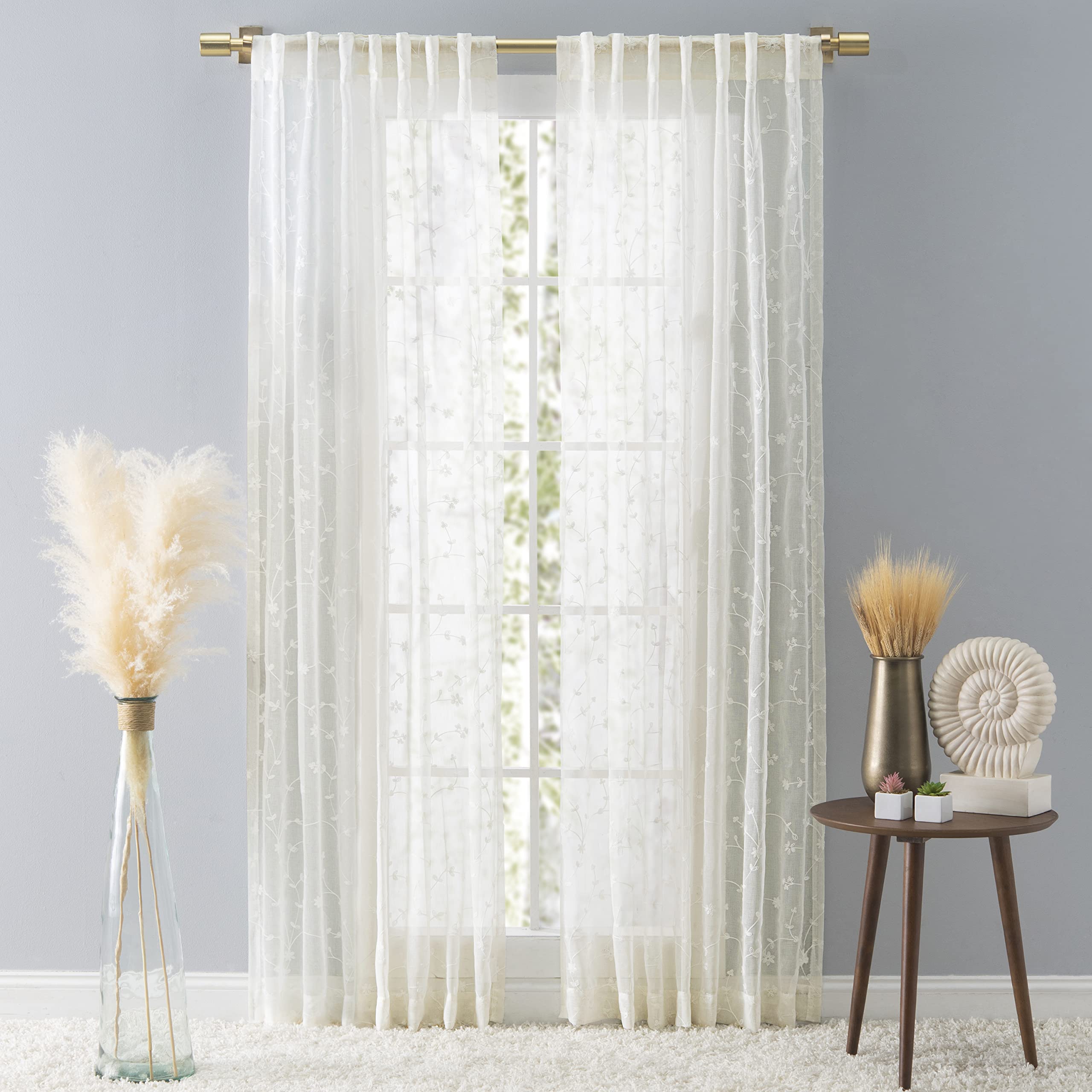 Ricardo | Sheer Blossom Rod Pocket w/Back Tab Panel | 51" W x 84" L | Ivory | Unlined, Semi-Sheer & Embroidered Floral Design | Livingroom, Bedroom, & Dining Room Drapes | 1 Panel | Machine Washable