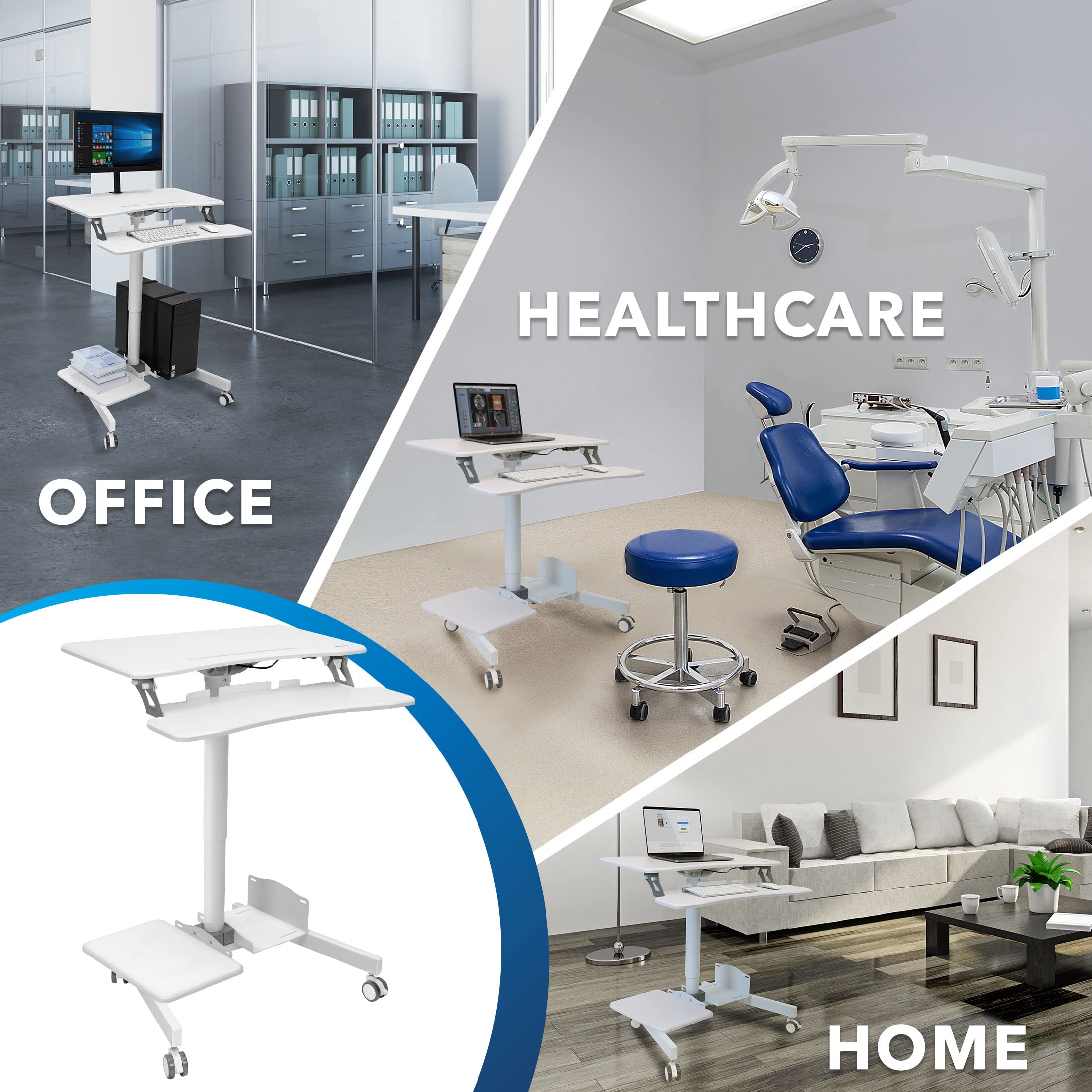 Mount-It! Mobile Rolling Small Table, Height Adjustable up to 43" Computer Desk with Wheels, Medical Nurse Hospital Workstation, Printer CPU Shelves, White Office Portable Computer Cart Keyboard Tray