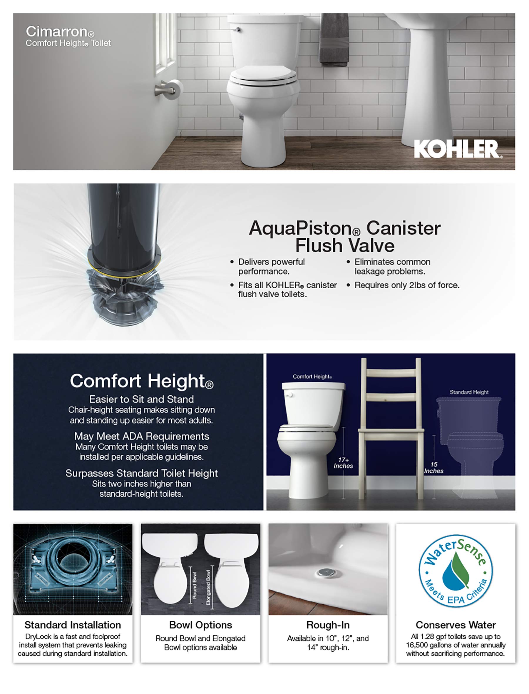 KOHLER 4369-RA-0 Cimarron 1.28 gpf Toilet Tank with AquaPiston Flush Technology and Right-Hand Trip Lever, White