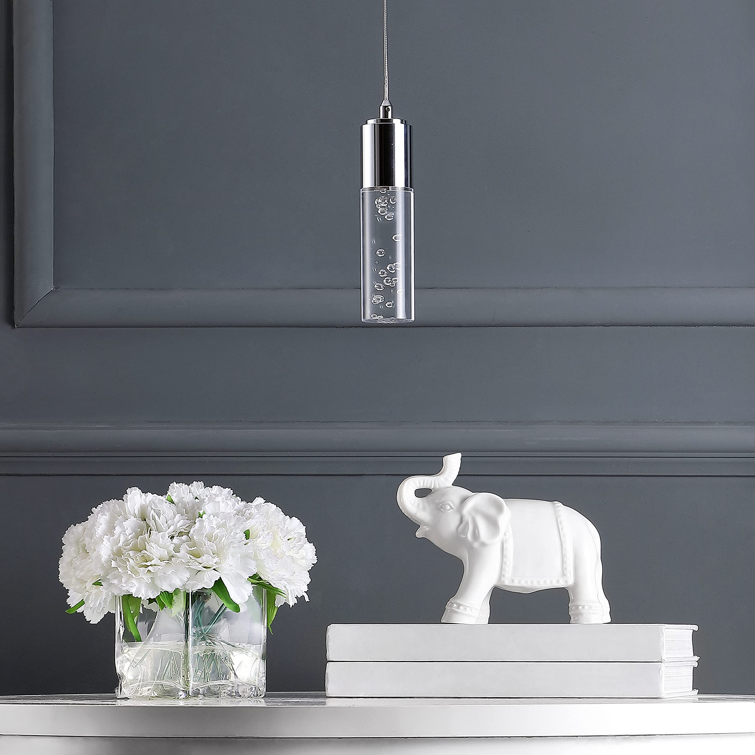 JONATHAN Y 4.75" Chrome Modern Integrated LED Pendant Light for Kitchen Island, Bubble Acrylic Cylinder Shade, Adjustable Hanging Ceiling Fixture for Dining Room, 4000K JYL7221A