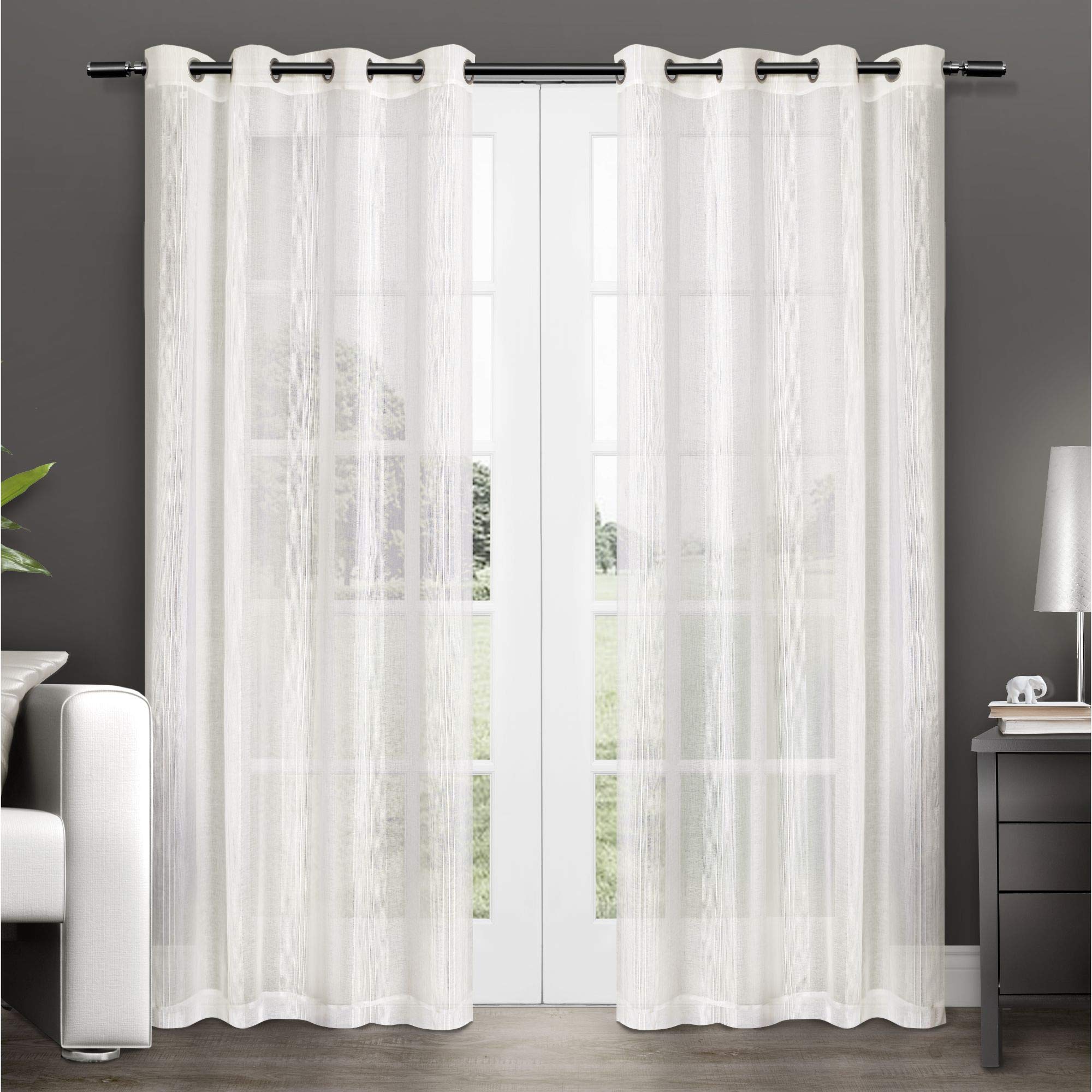 Exclusive Home Penny Sheer Embellished Stripe Grommet Top Curtain Panel Pair, 54x84, Off White