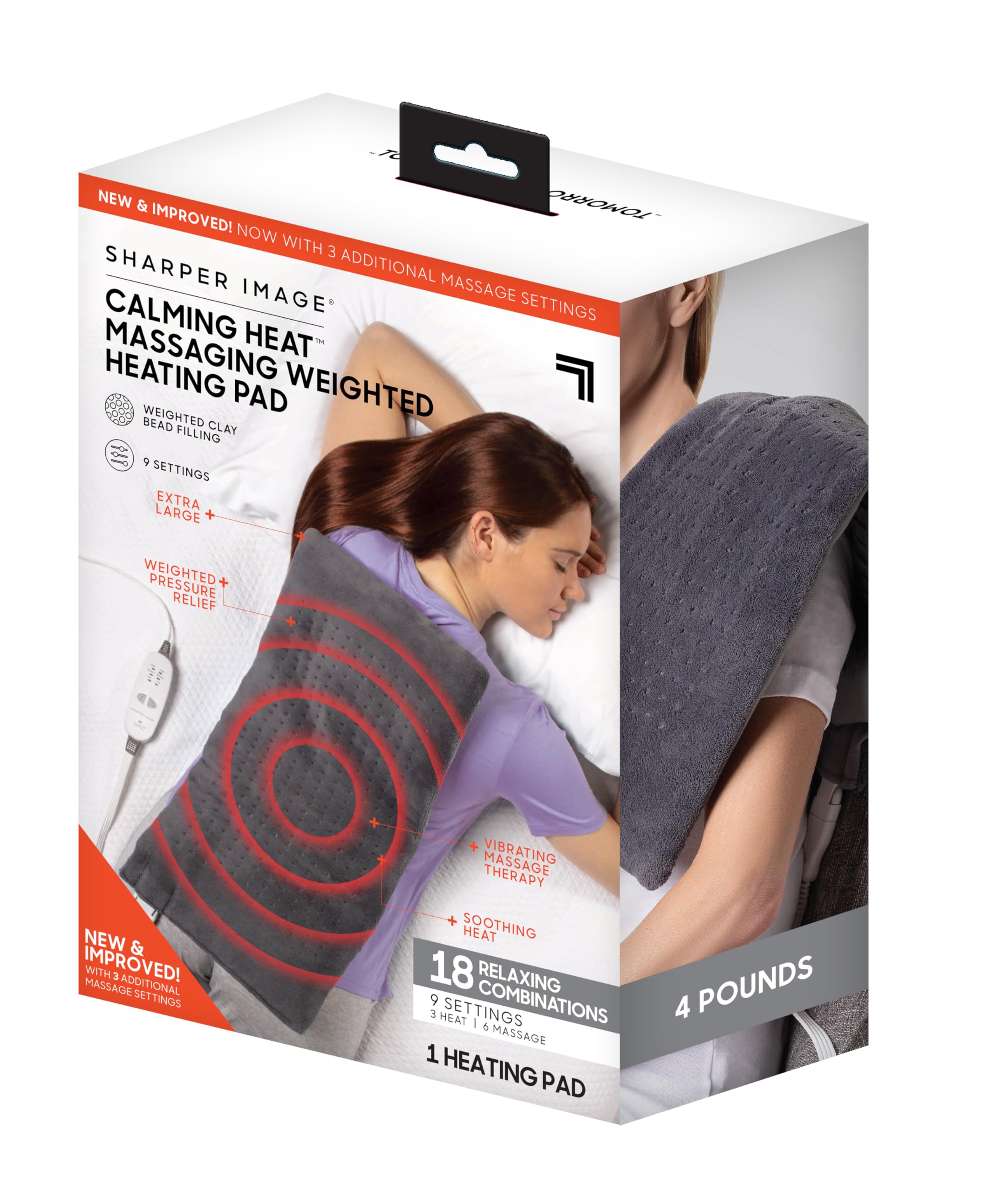 Calming Heat Massaging Weighted Heating Pad by Sharper Image- Weighted Electric Heating Pad with Massaging Vibrations, 6 Settings- 3 Heat, 3 Massage- 9 Relaxing Combinations, 12” x 24”, 4 lbs