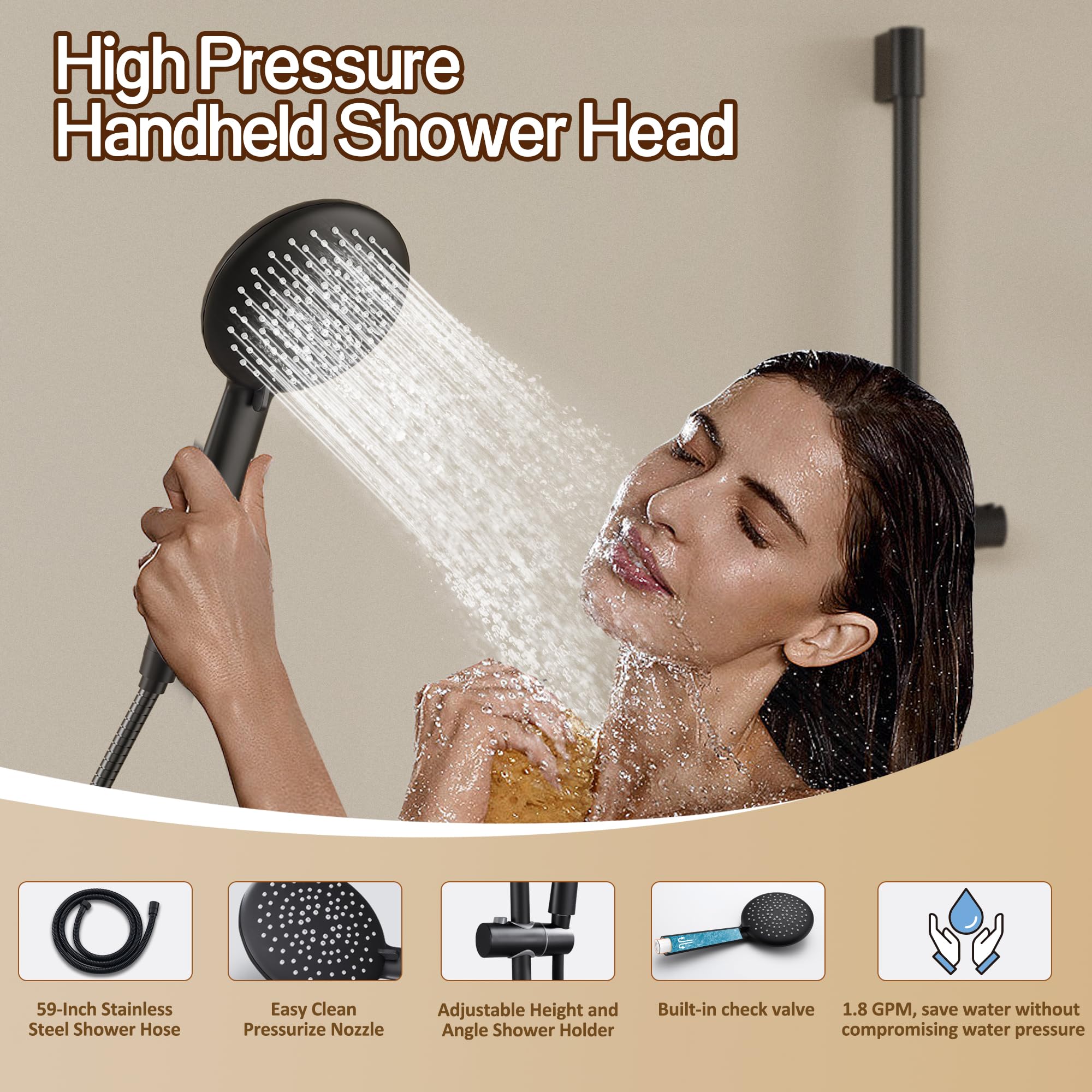 Gabrylly Shower System Black, Wall Mounted Slide Bar Shower Faucet Set Complete,High Pressure 10" Rain Shower Head with 5-Setting Handheld Shower,Shower Combo Set with Shower Valve