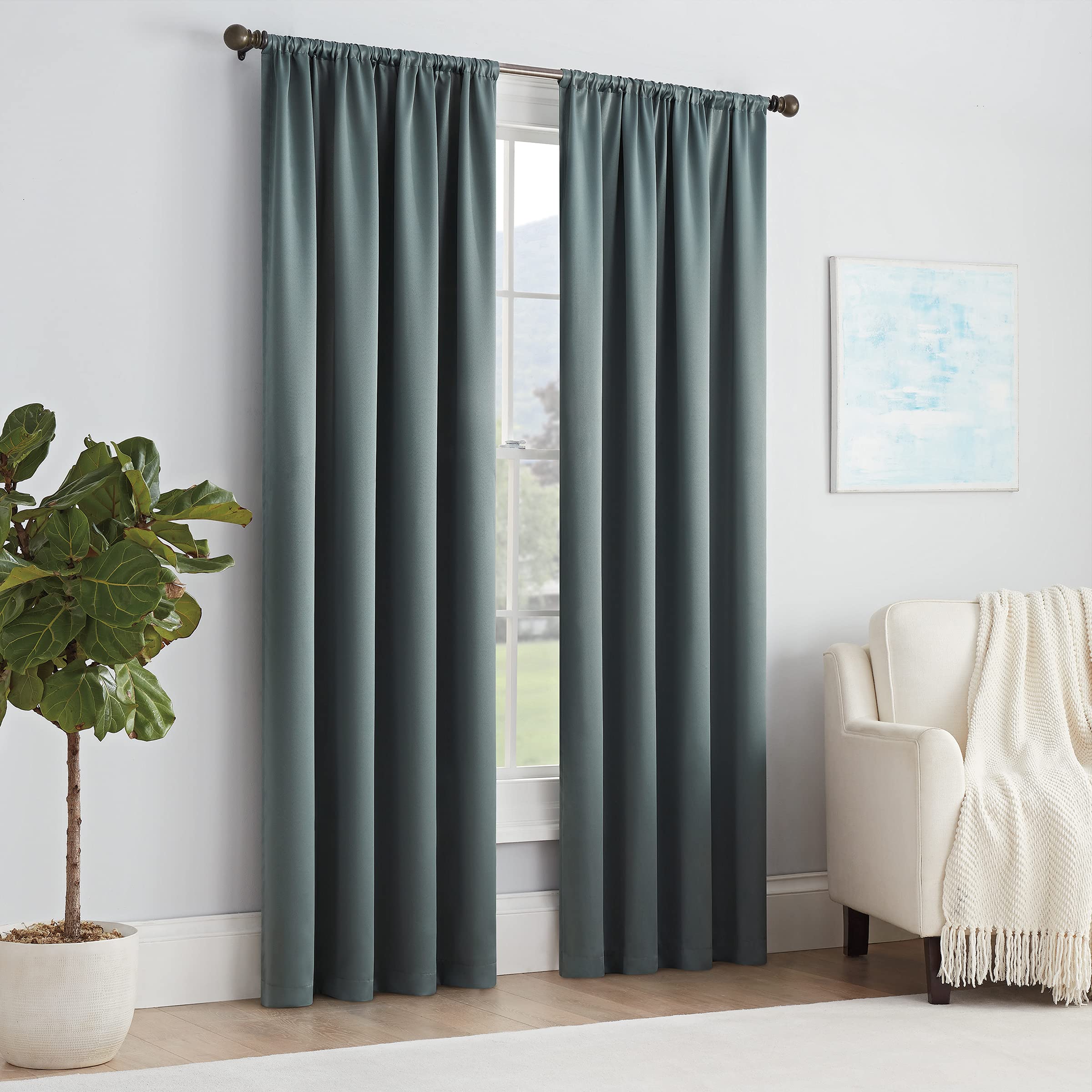 Eclipse Solid Thermapanel Modern Room Darkening Rod Pocket Window Curtain for Bedroom (1 Panel), 54 in x 84 in, River Blue