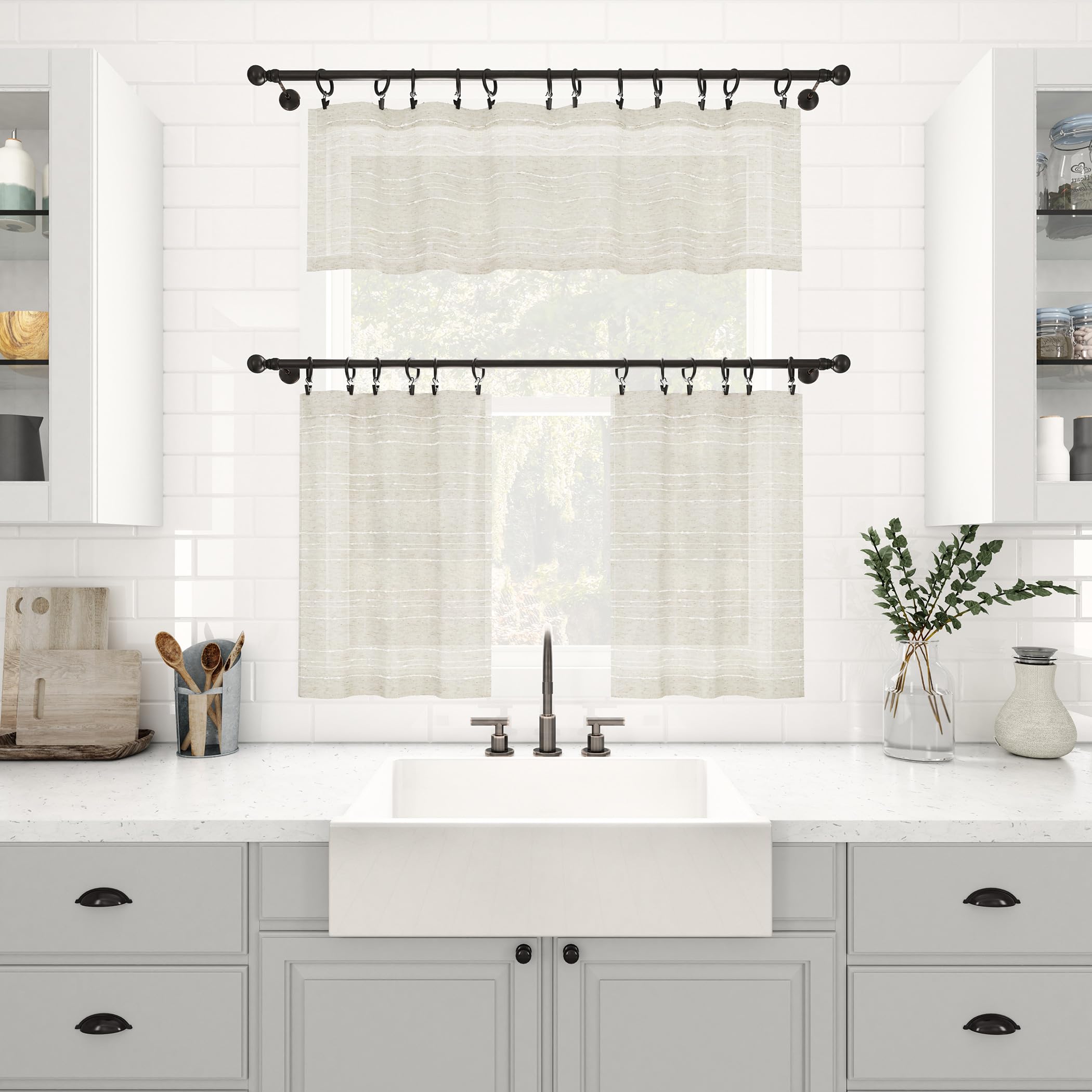 Clean Window Textured Slub Stripe 2-Pack Anti-Dust Allergy/Pet Friendly Sheer Cafe Curtain Pair, Linen, 52" W x 24" L (2 Panels)