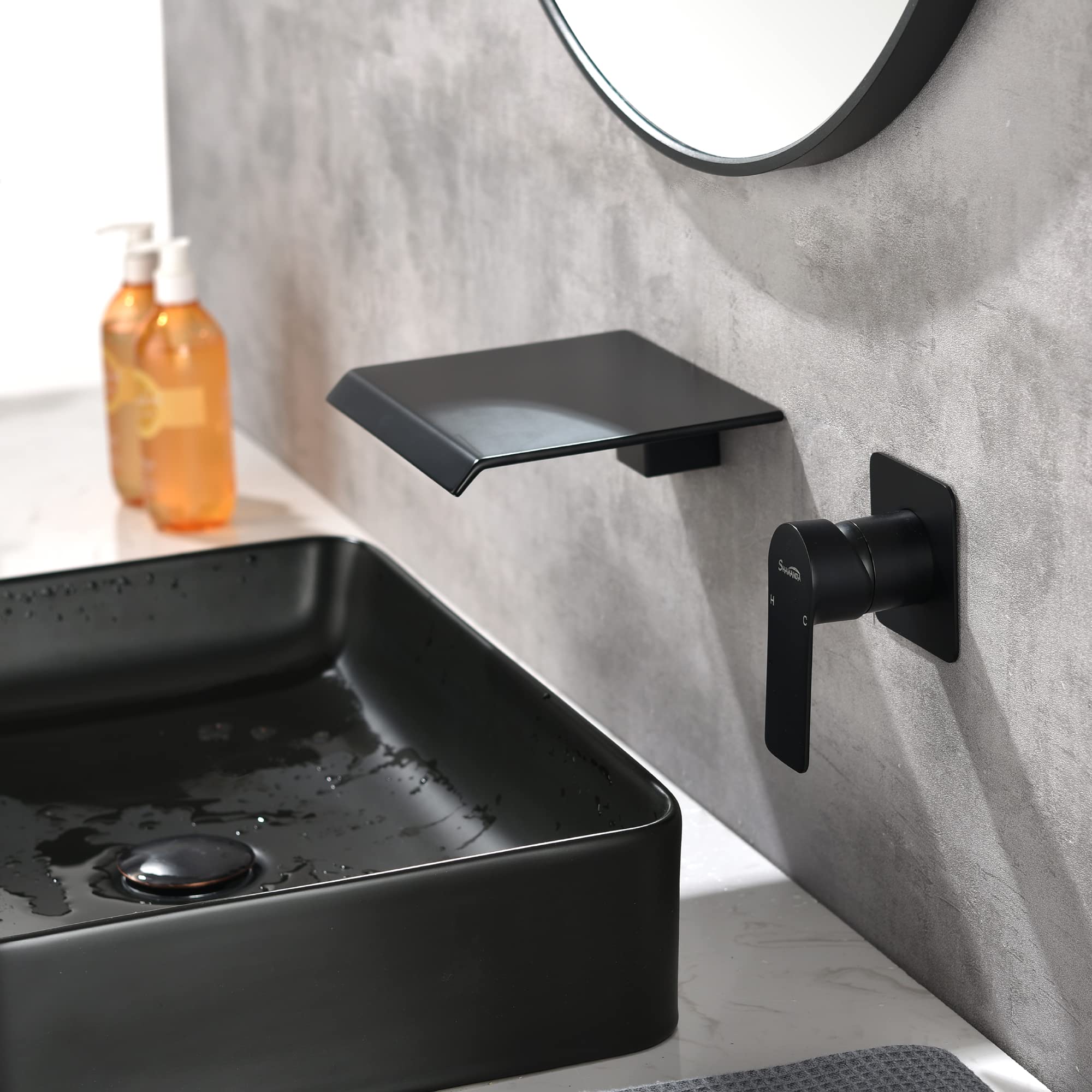 SHAMANDA Wall Mount Bathtub Faucet, Waterfall Roman Tub Filler Faucet Single Handle Bathroom Sink Faucet with Rough-in Valve and Trim Kit, Matte Black, LW01-7