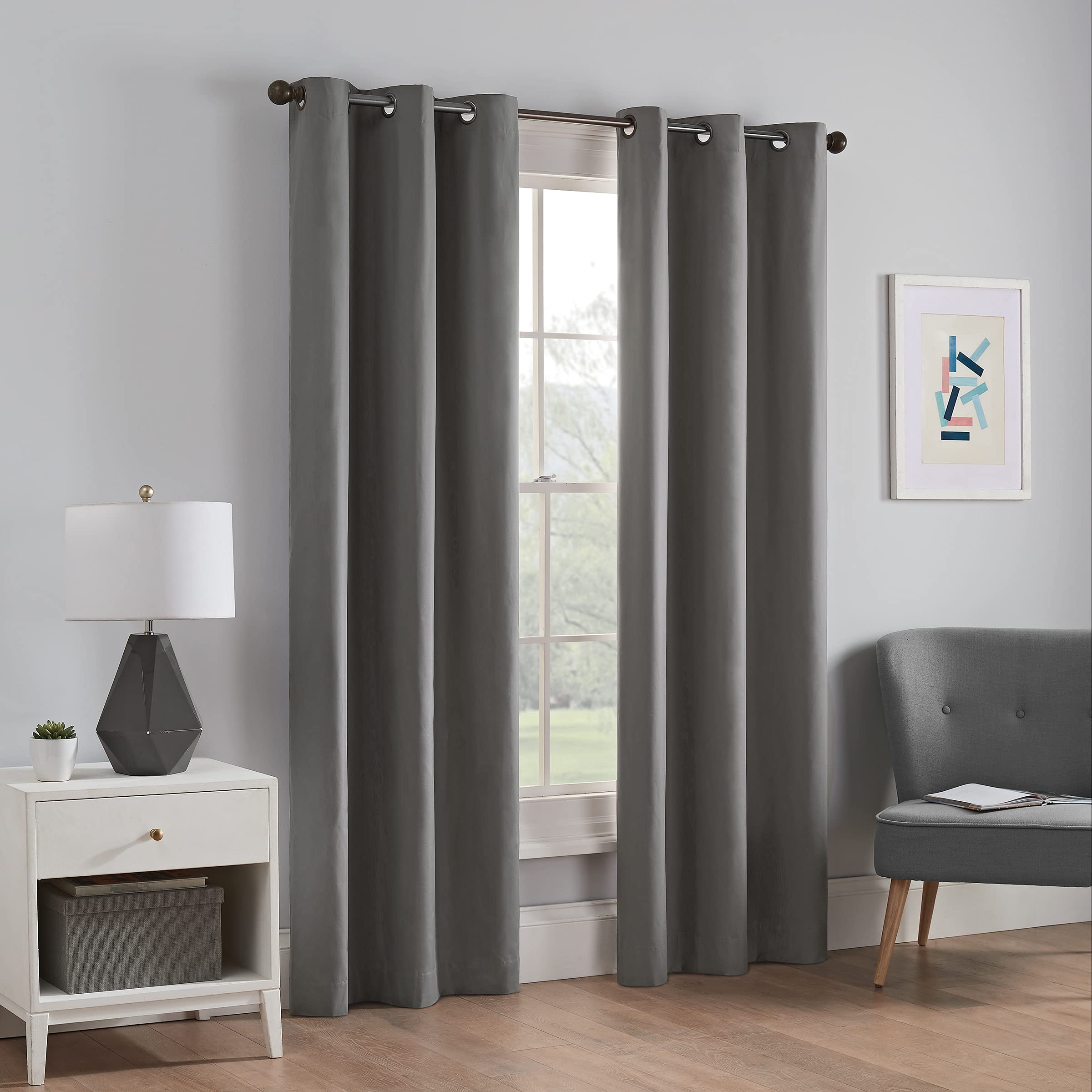 Eclipse Microfiber Total Privacy Blackout Thermal Grommet Window Curtain for Bedroom (1 Panel), 42 in x 63 in, Smoke