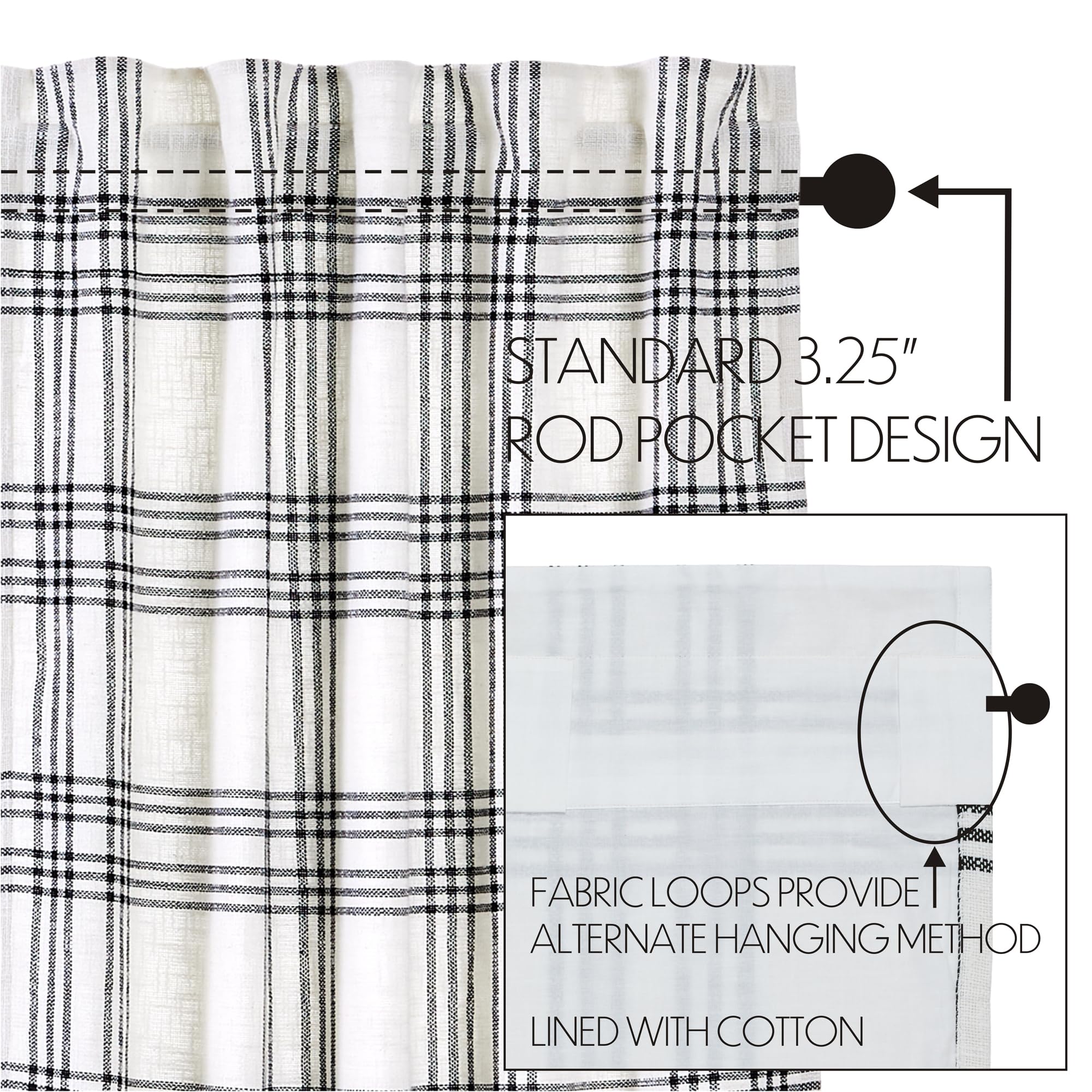 VHC Brands Plaid Curtain Panel, Black, 84x40, Set of 3