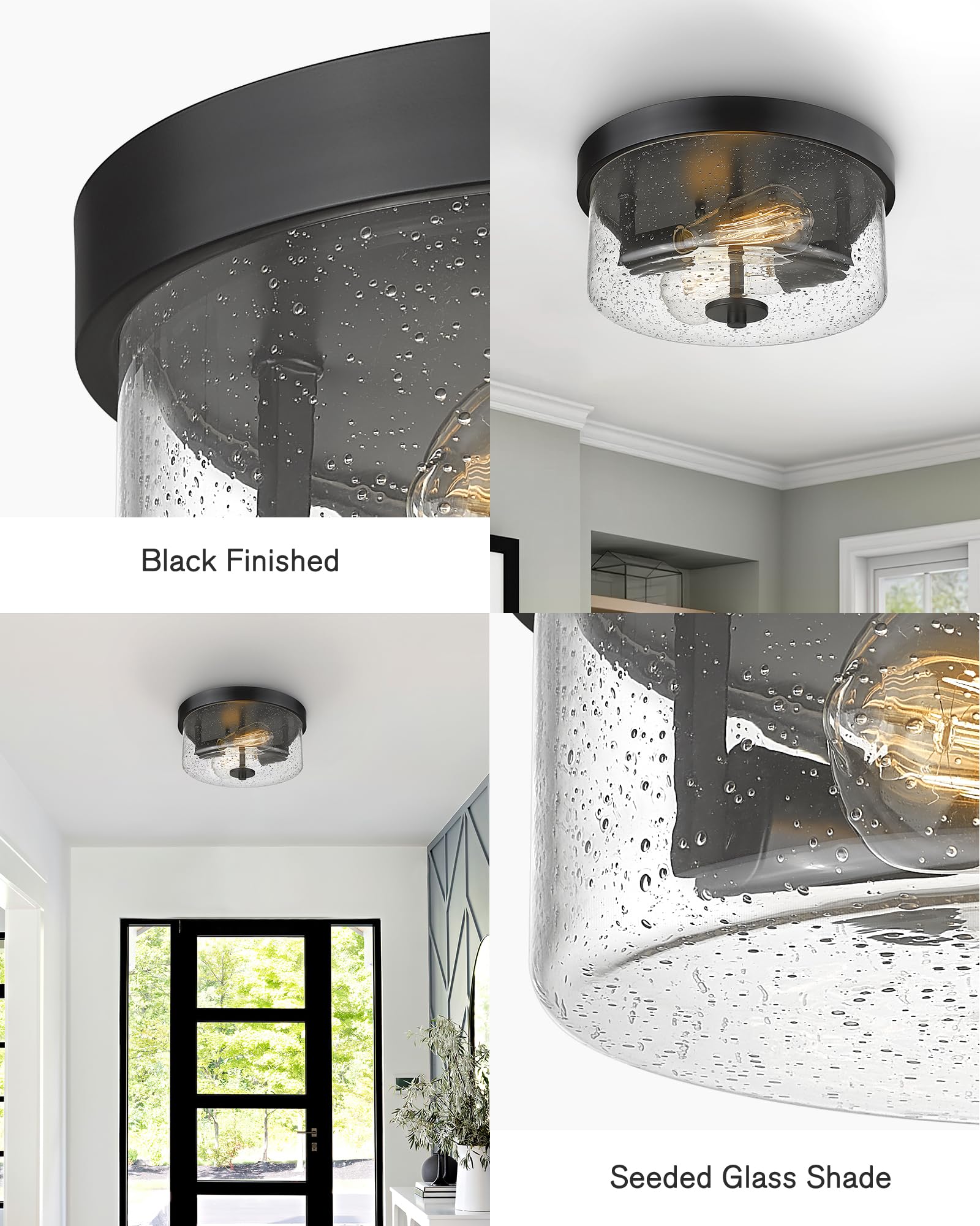 Emak Matte Black 2 Light Flush Mount Ceiling Light Fixture, 11 Inch Close to Ceiling Light Fixtures with Seeded Glass Shades for Hallway, Kitchen, Bathroom, Dining Room, FM082-BK