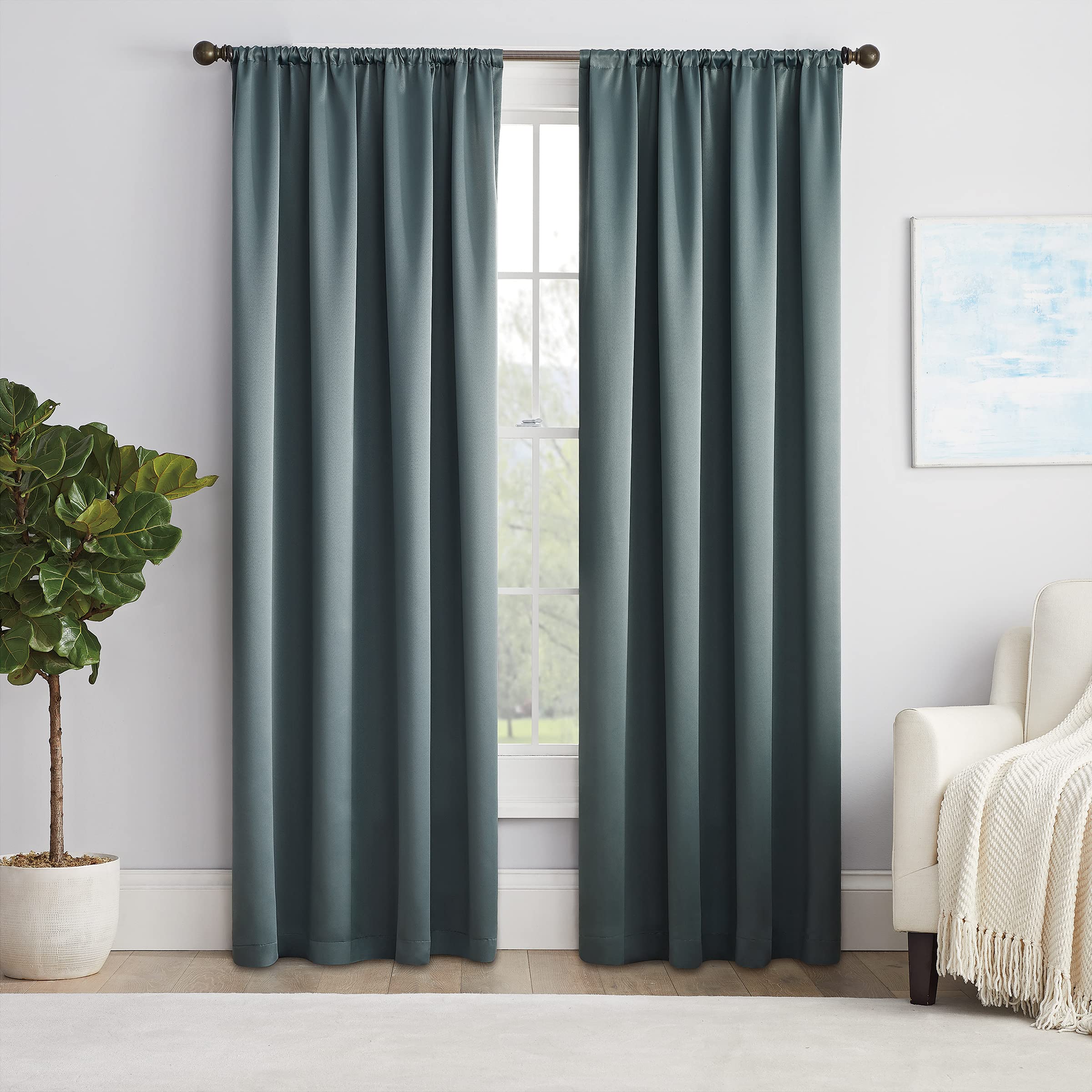 Eclipse Solid Thermapanel Modern Room Darkening Rod Pocket Window Curtain for Bedroom (1 Panel), 54 in x 84 in, River Blue