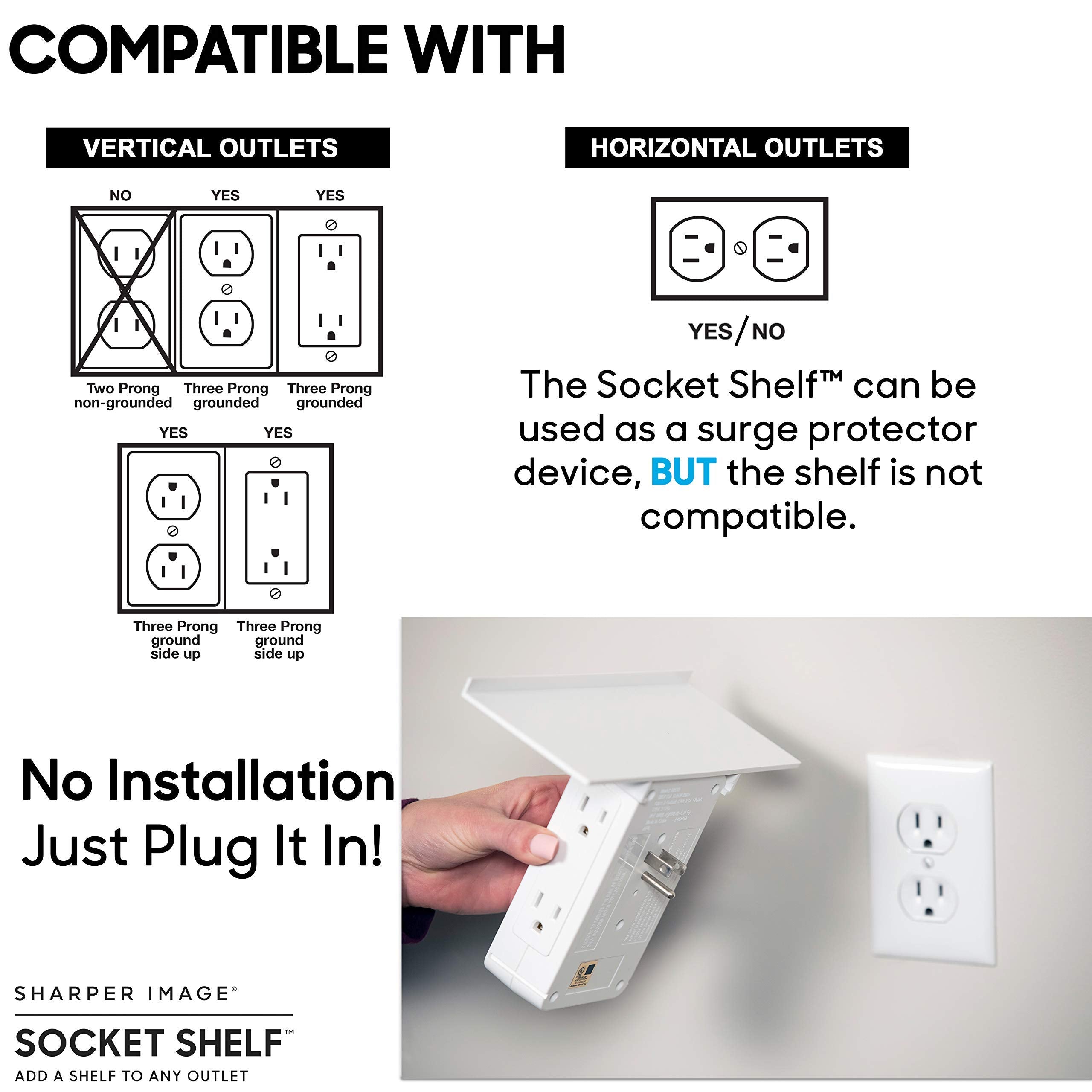 Socket Shelf by Sharper Image- 8 Port Surge Protector Wall Outlet, 6 Electrical Outlet Extenders, 2 USB Charging Ports & Removable Built-in Shelf ETL Listed