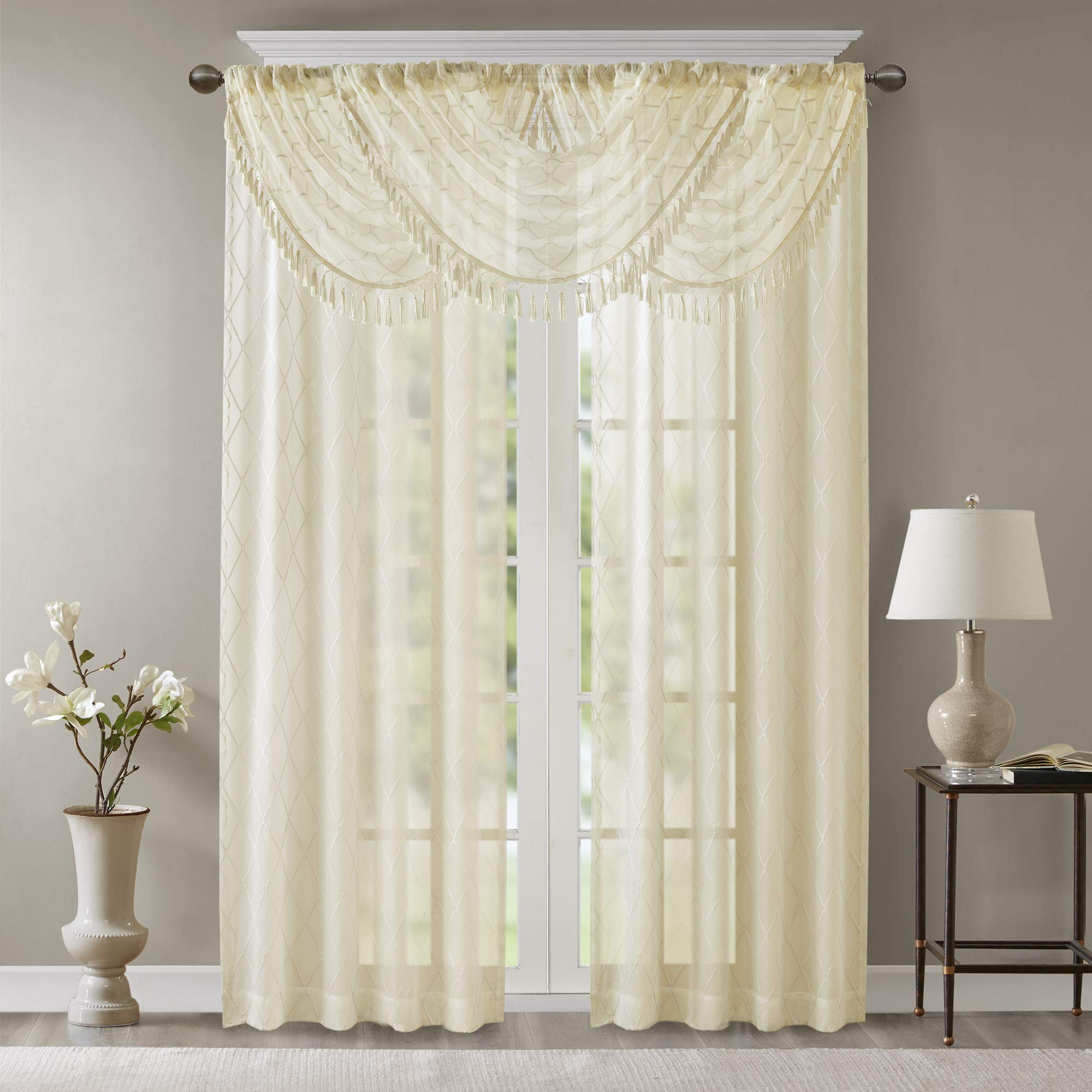 Madison Park Irina Sheer Embroidered Curtains Valance For-Kitchen, Transitional Fabric Curtain-Valance For Living Room, 1-Panel Pack, 38 x 46", Ivory