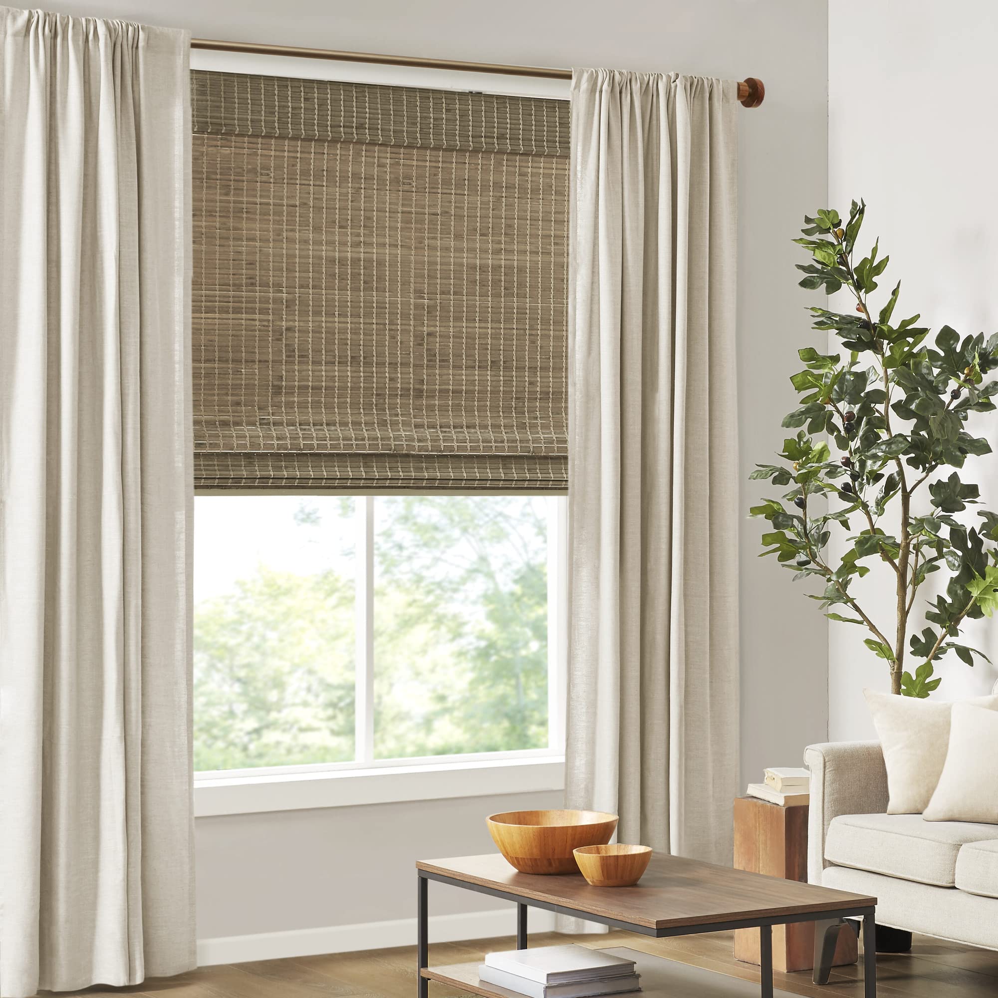 Madison Park Eastfield 100% Bamboo Cordless Roman Shades-Woven Wooden Privacy Panel, Light Filtering Easy Installation Window Blind Treatment, Bedroom, Living Room Decor, 35" W x 64" L, Natural Ash