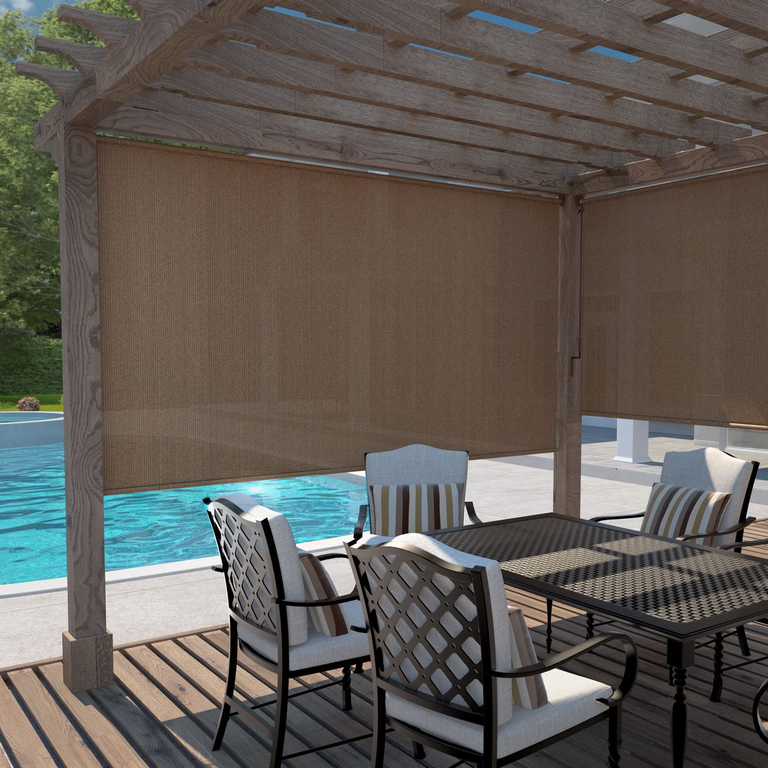 Coolaroo Exterior Roller Shade, Cordless Roller Shade with 95% UV Protection, No Valance, (6' W X 8' L), Walnut