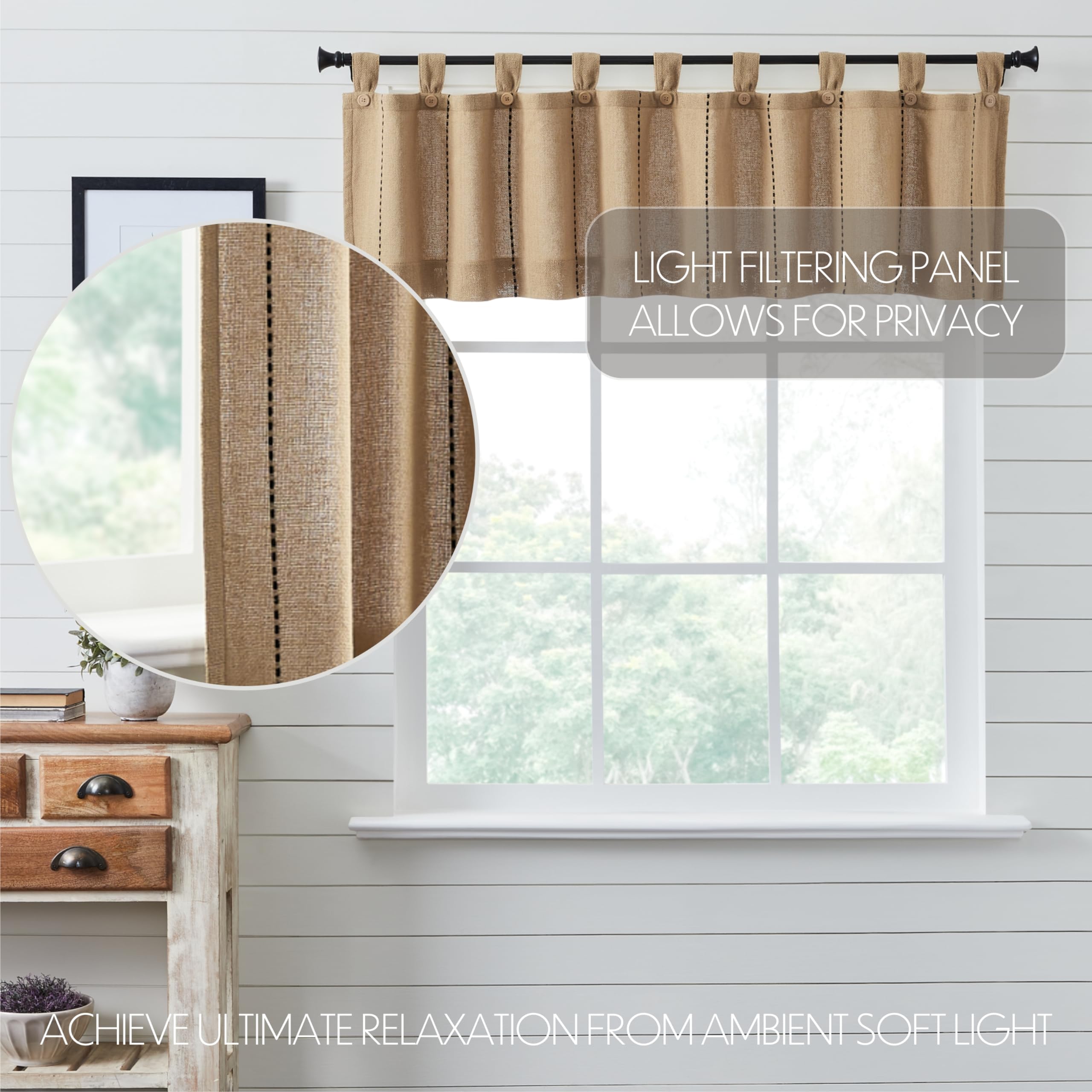 VHC Brands Stitched Burlap Curtain Valance, Natural, 16x72