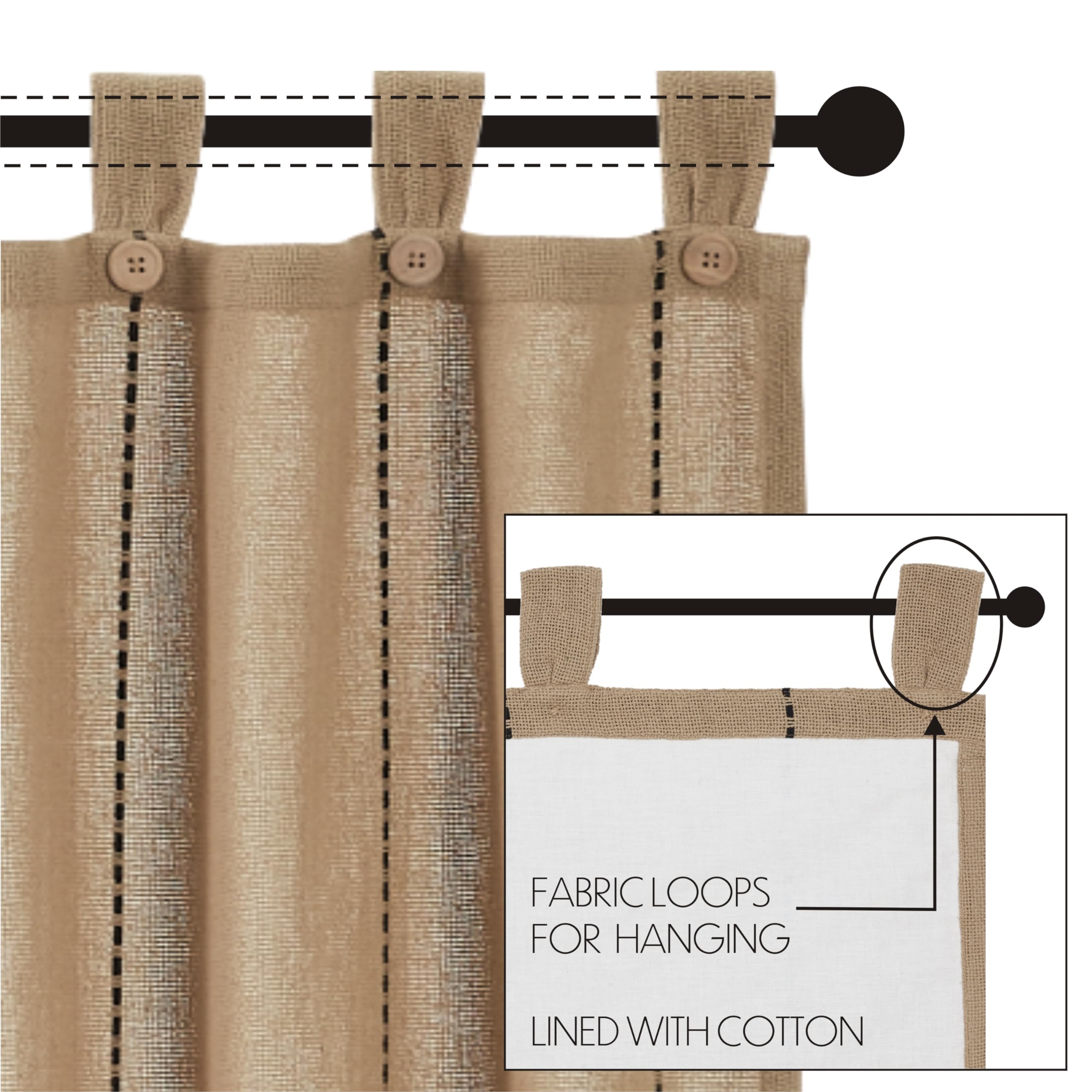 VHC Brands Stitched Burlap Curtain Valance, Natural, 16x72