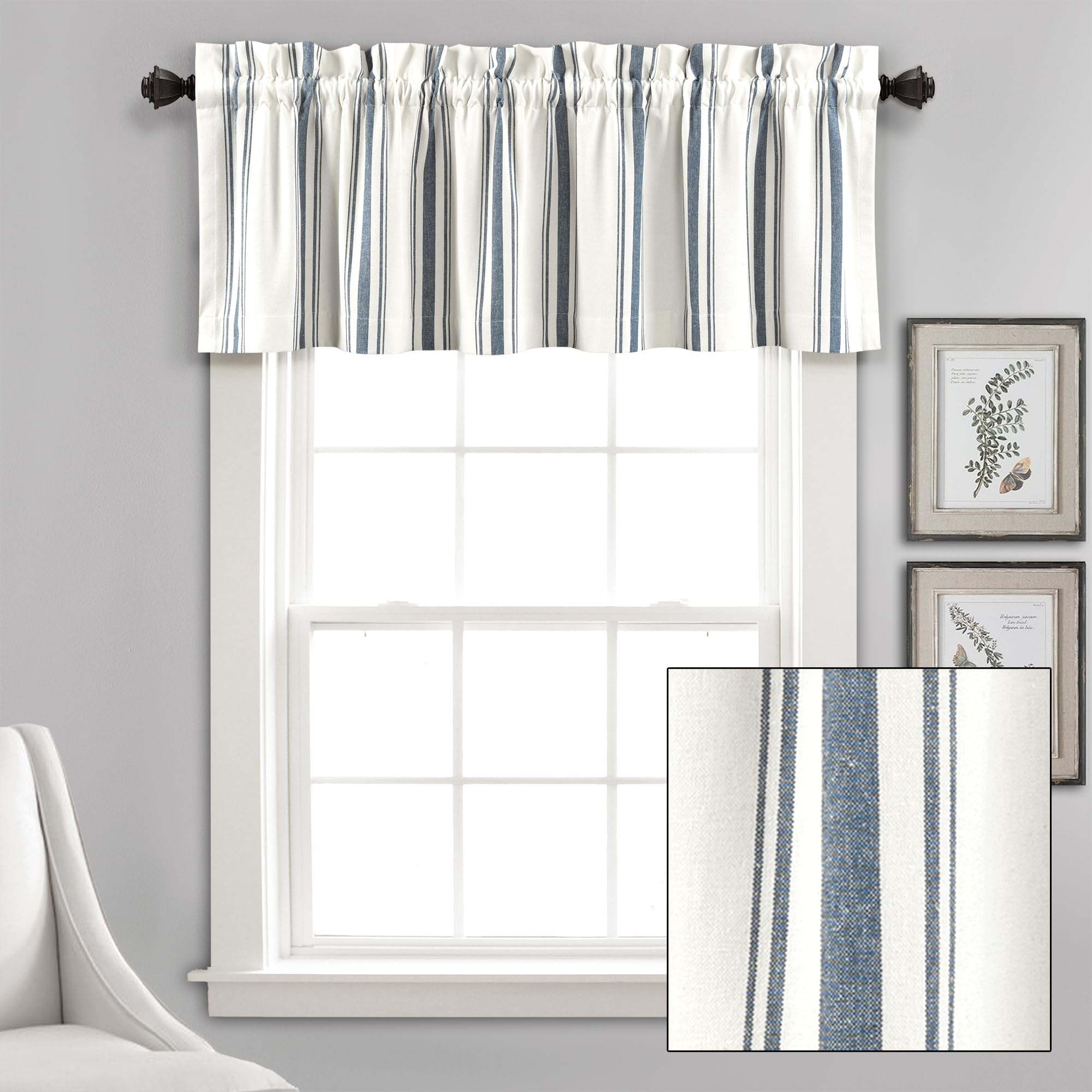 Lush Decor Farmhouse Stripe Yarn Dyed Recycled Cotton Window Curtain Valance, 18" L x 52" W, Navy - Classic Modern Rustic Charm - Eco Friendly Cotton Fabric