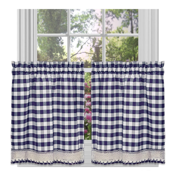 Buffalo Check Tier Pair Window Curtain Set - 58 Inch Width, 24 Inch Length - Navy & Ivory Plaid Drapes - Light Filtering Drapes for Kitchen, Bedroom, Living & Dining Room by Achim Home Decor