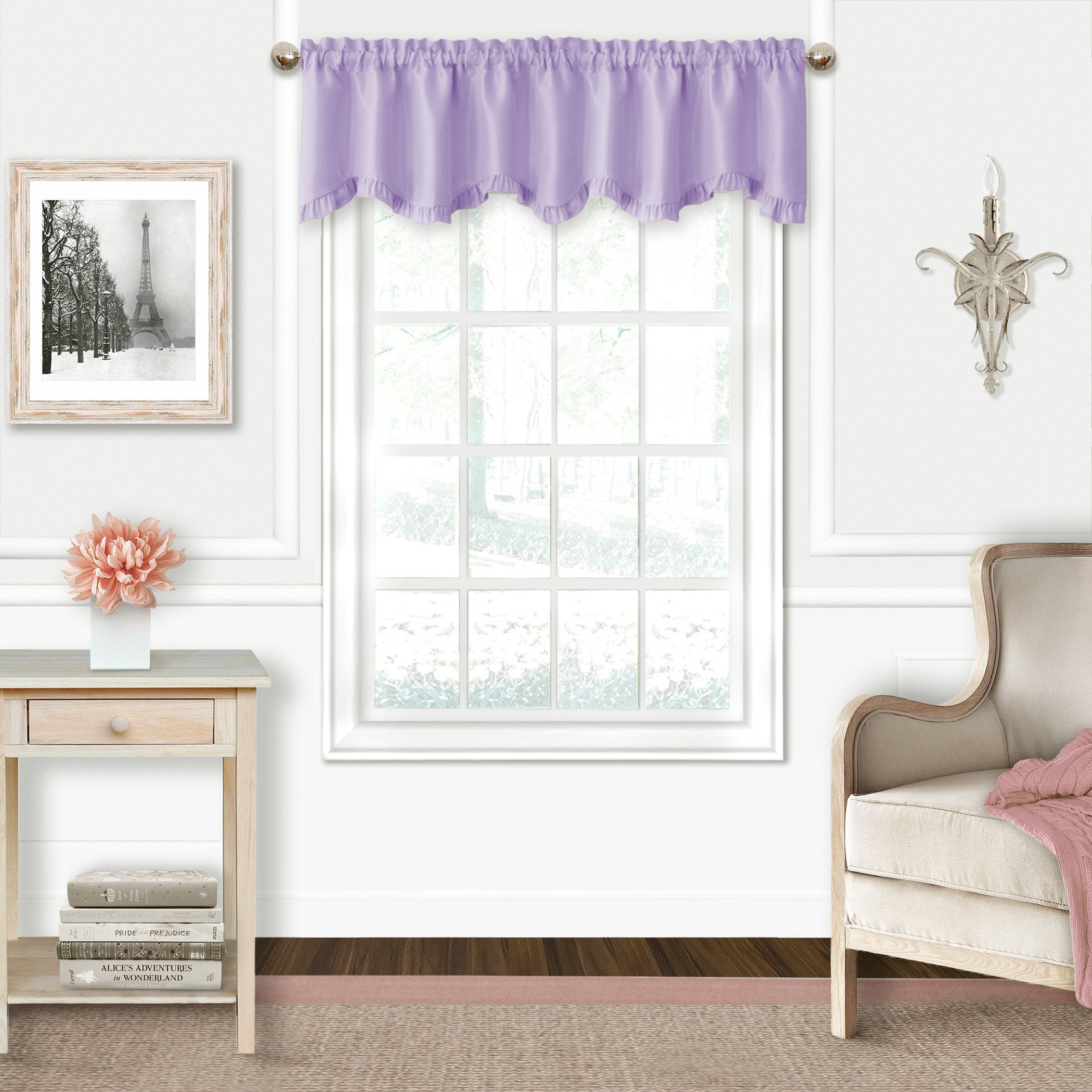 Elrene Adaline Kids Pastel Faux Silk Solid Color Blackout Room Darkening Thermal Insulating Window Curtain/Single Scalloped Ruffled Valance by, 52 Inch Wide X 15 Inch Deep, Lavender