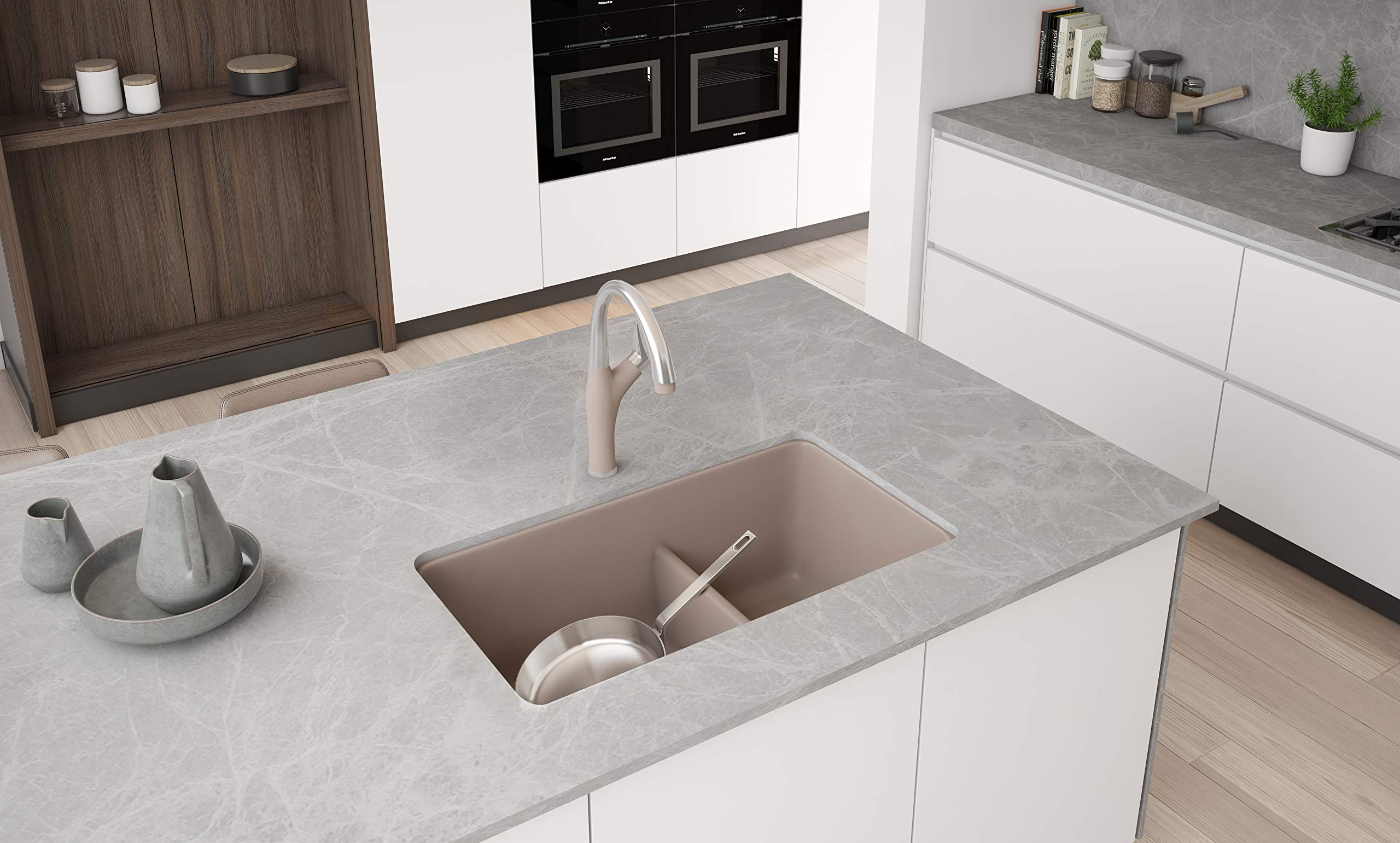 Precis Reversible 1-3/4 Double Bowl Kitchen Sink with Low Divide, Truffle