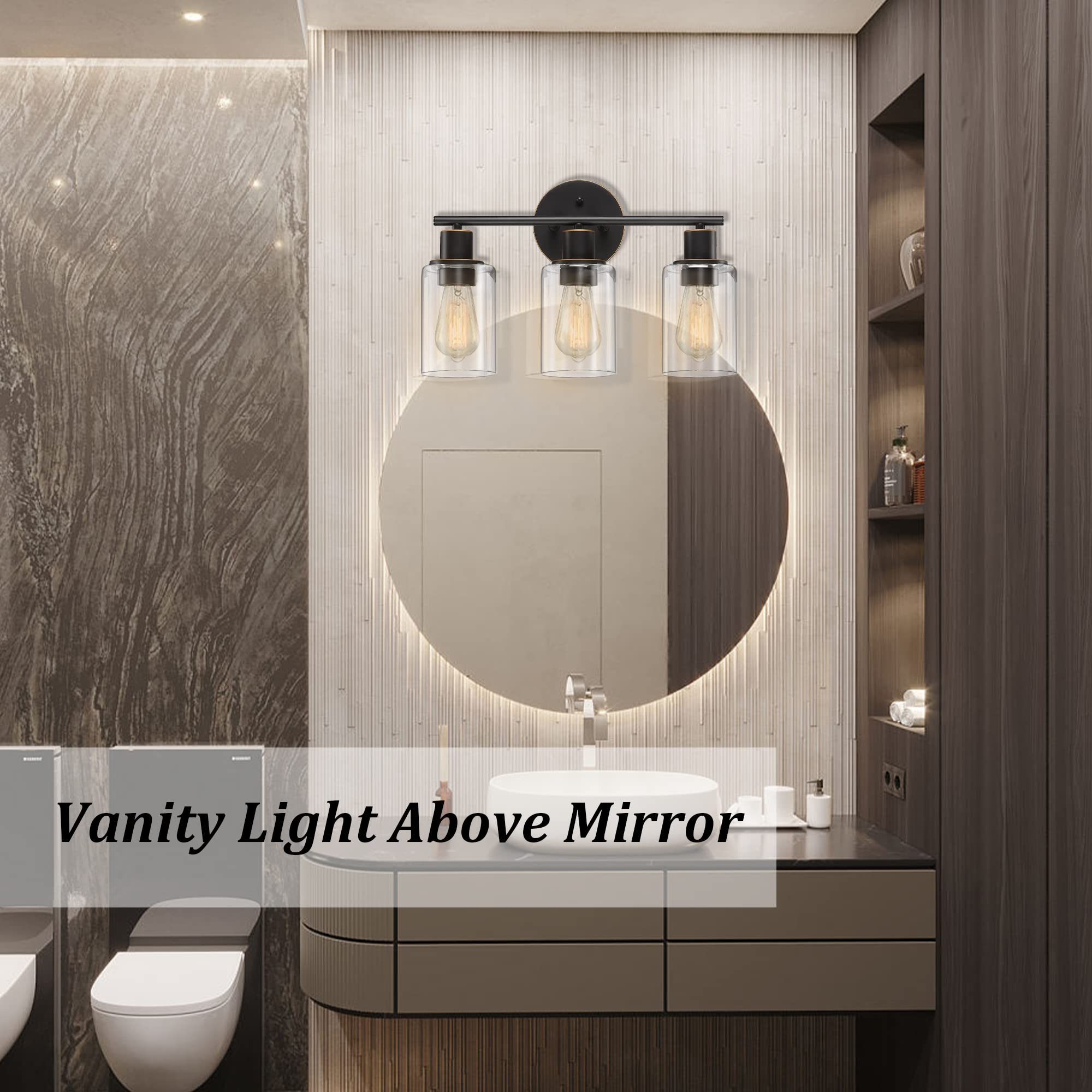 Pia Ricco Bathroom Vanity Light Fixtures, 3-Light Bathroom Wall Lights with Clear Glass Shades, Oil Rubbed Bronze Modern Wall Sconce Over Mirror, Bath Wall Sconces for Living Room Bedroom Hallway