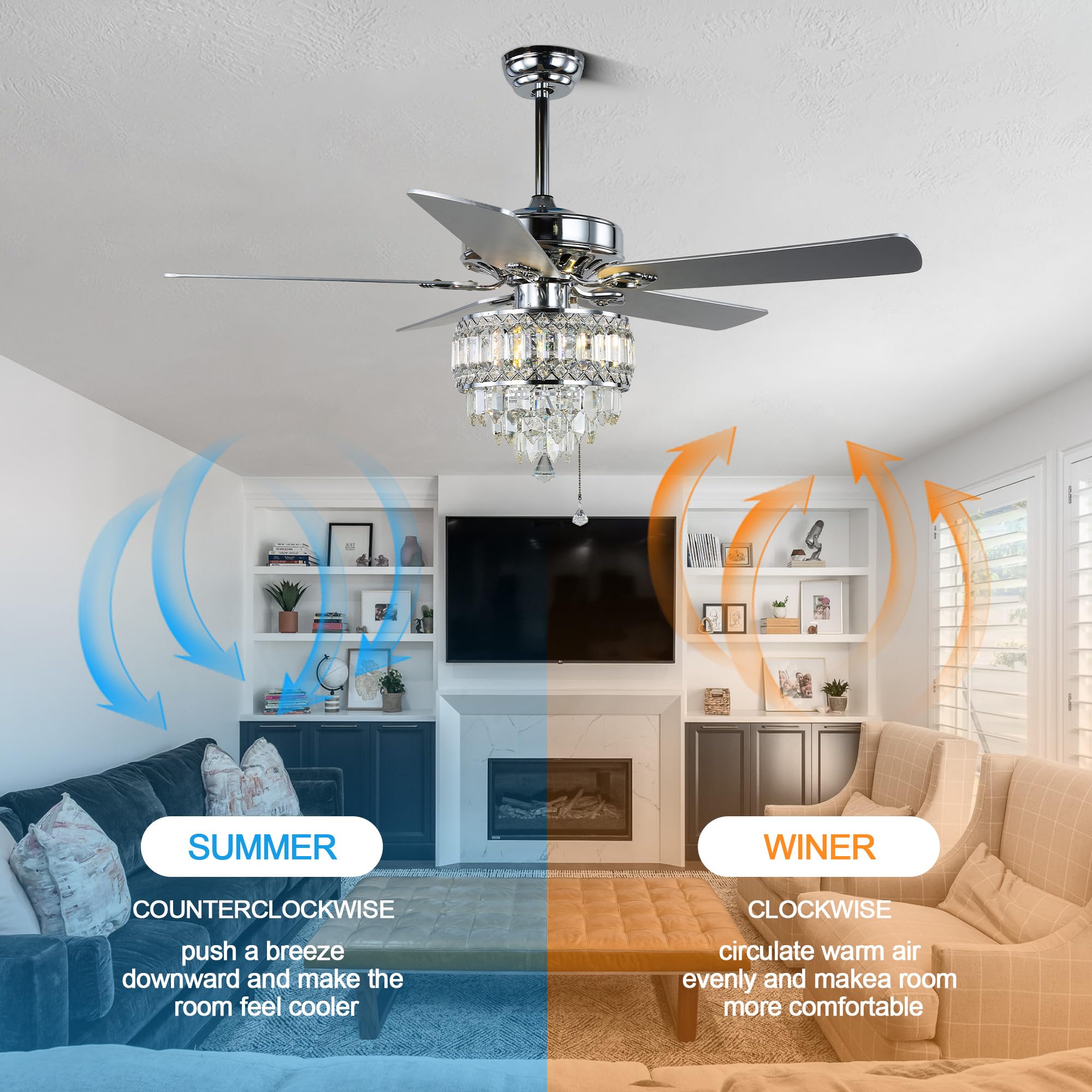 Oaks Aura 52 Inch Crystal Chandelier Ceiling Fan Chrome Gorgeous Modern Reversible Ceiling Fan Light Fixture with Remote for Dining Room,Living Room,Bedroom