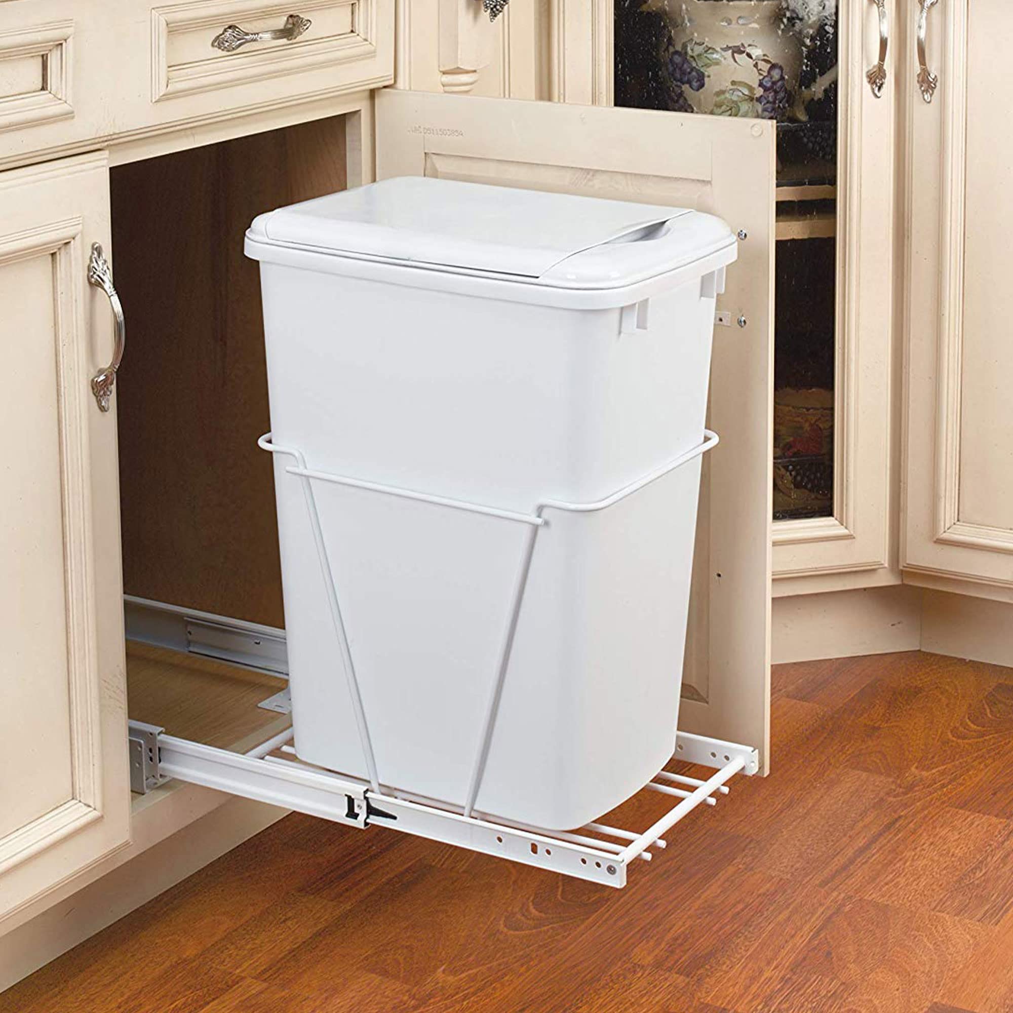 Rev-A-Shelf Single Pullout 35 Quart Trash Can for Base Kitchen or Bathroom Cabinets with Slides and Simple Installation, White, RV-12PB