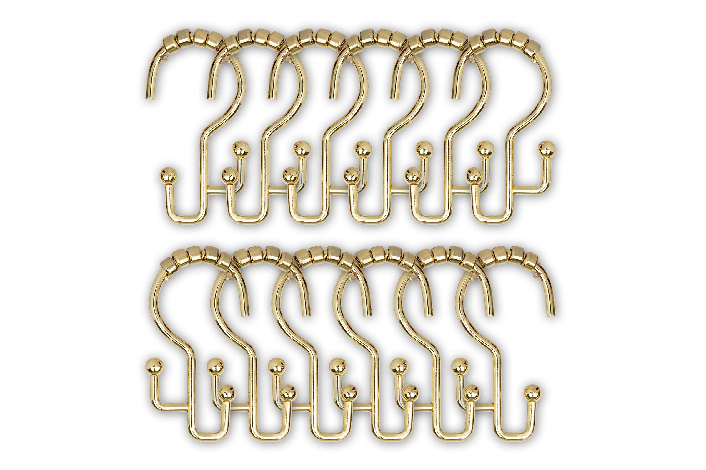 Utopia Alley Shower Hooks - Double Shower Curtain Rings for Bathroom - Rust Resistant Shower Curtain Hooks for Shower Curtain or Liner - Double Roller Shower Curtain Hooks - Set of 12, Gold