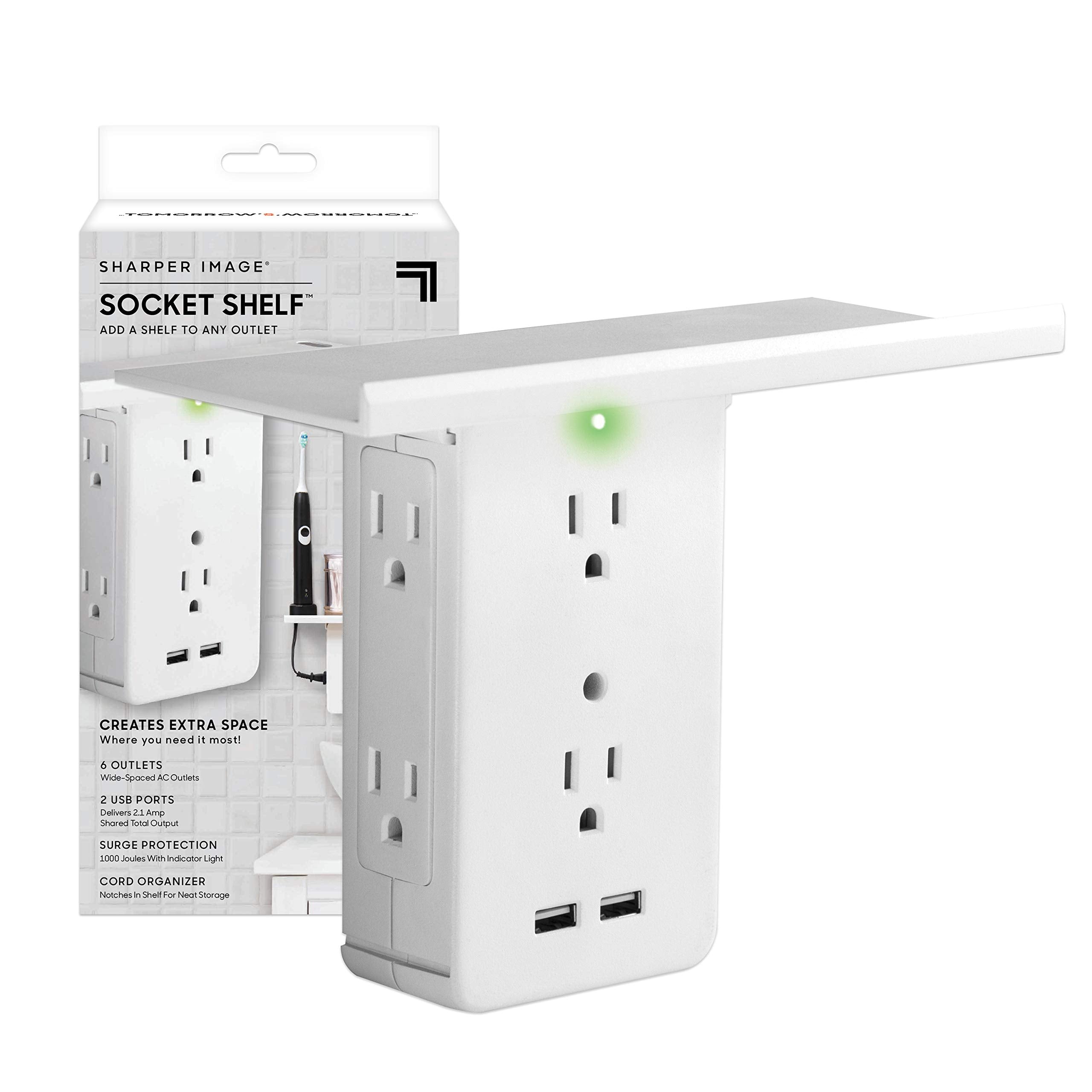 Socket Shelf by Sharper Image- 8 Port Surge Protector Wall Outlet, 6 Electrical Outlet Extenders, 2 USB Charging Ports & Removable Built-in Shelf ETL Listed