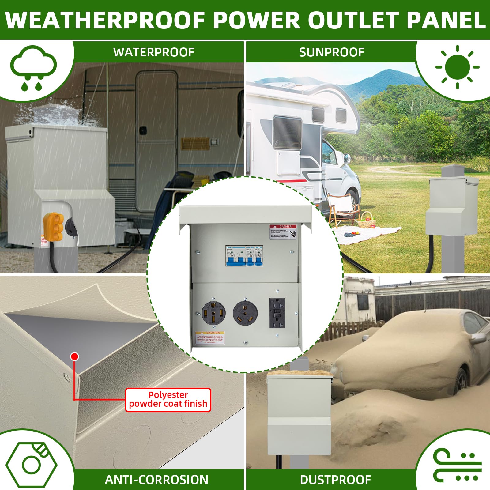 20 30 50 Amp RV Electrical Panel Receptacle - Temporary Power Outlet Panel Box, EV RV Breaker Box Prewired, 30 amp RV Outlet Receptacle with Circuit Breaker, Weatherproof Rv Plug Distribution Camper