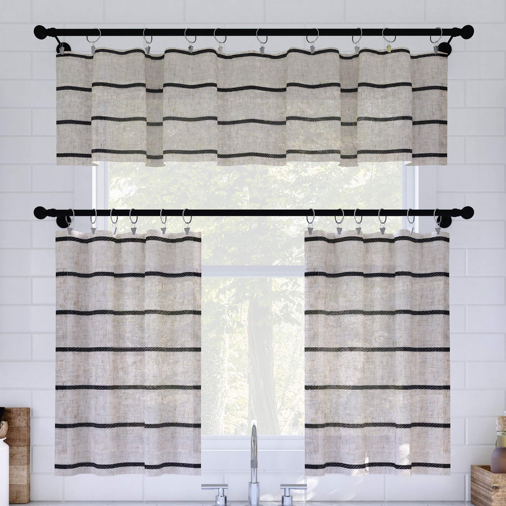 Clean Window Twill Stripe Anti-Dust Allergy/Pet Friendly Anti-Dust Sheer Cafe Valance, 52" x 14", Black/Linen
