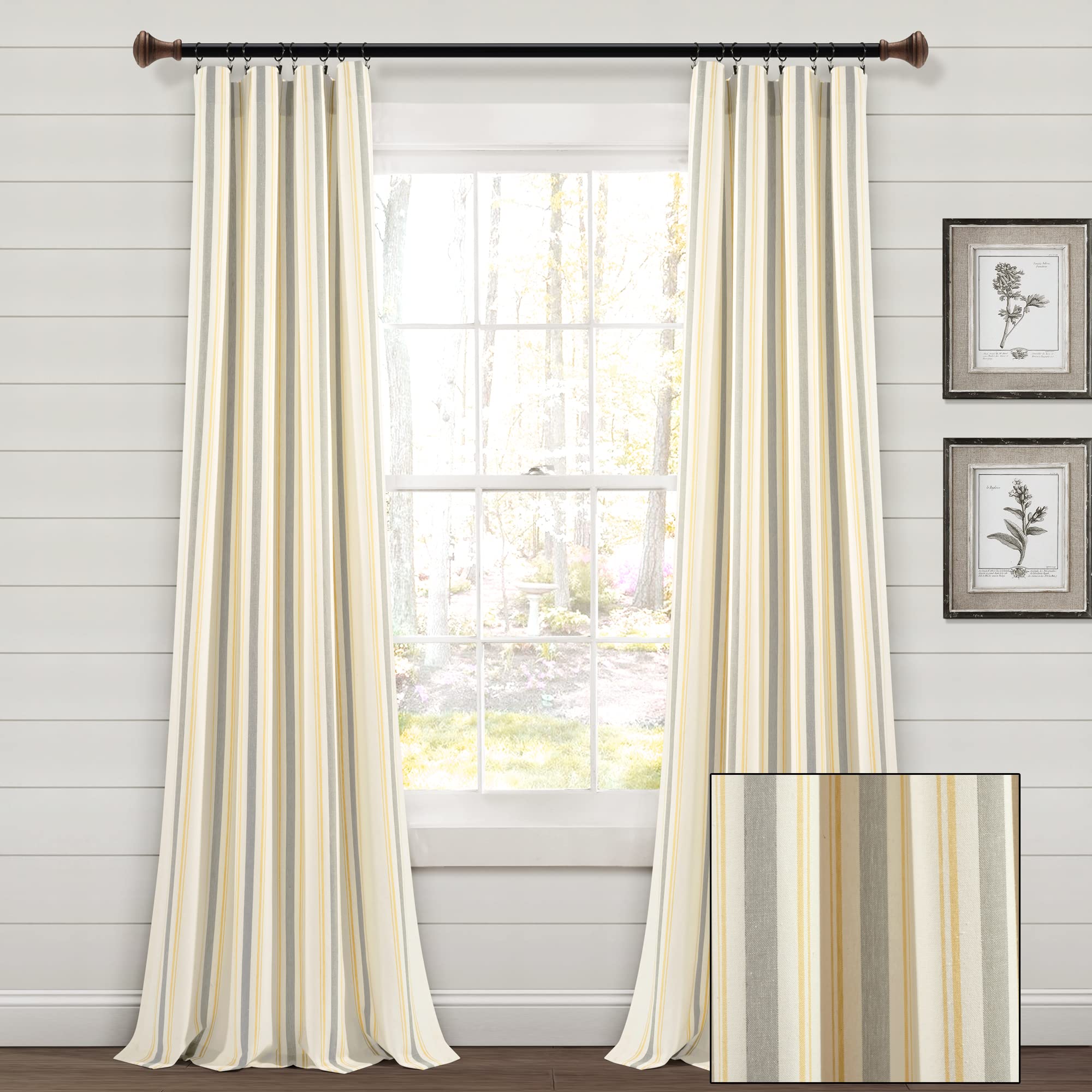 Lush Decor Farmhouse Stripe Yarn Dyed Eco-Friendly Recycled Cotton Window Curtain Panel Pair, 42" W x 95" L, Yellow & Gray - Classic Modern Rustic Charm - Eco Friendly Cotton Fabric